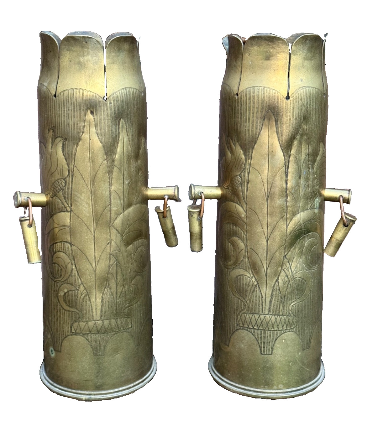 Antique WWI Trench Art Shell Case Vases Pair 1918 – Engraved Brass – 30 cm