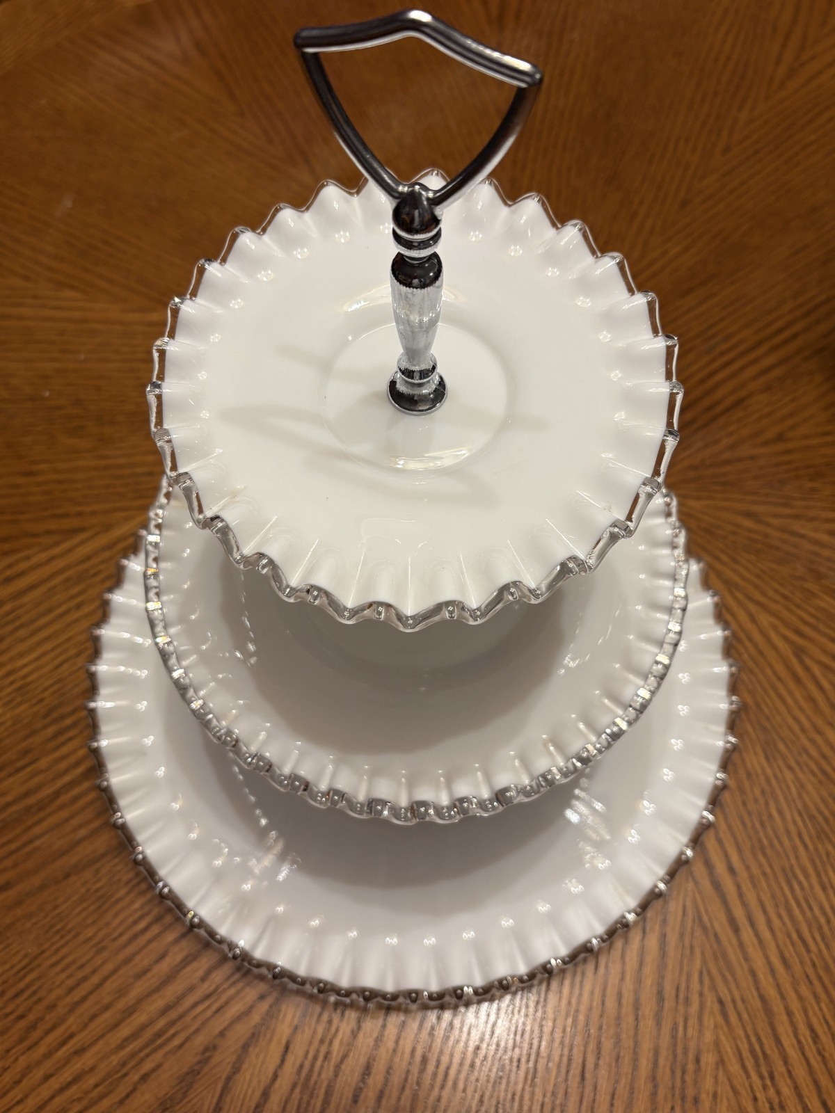 3 Tier Milk Glass Tidbit Server, White glass with clear, ruffled edges unknown 3 Tier Milk Glass Tidbit Server, White glass with clear, ruffled edges unknown