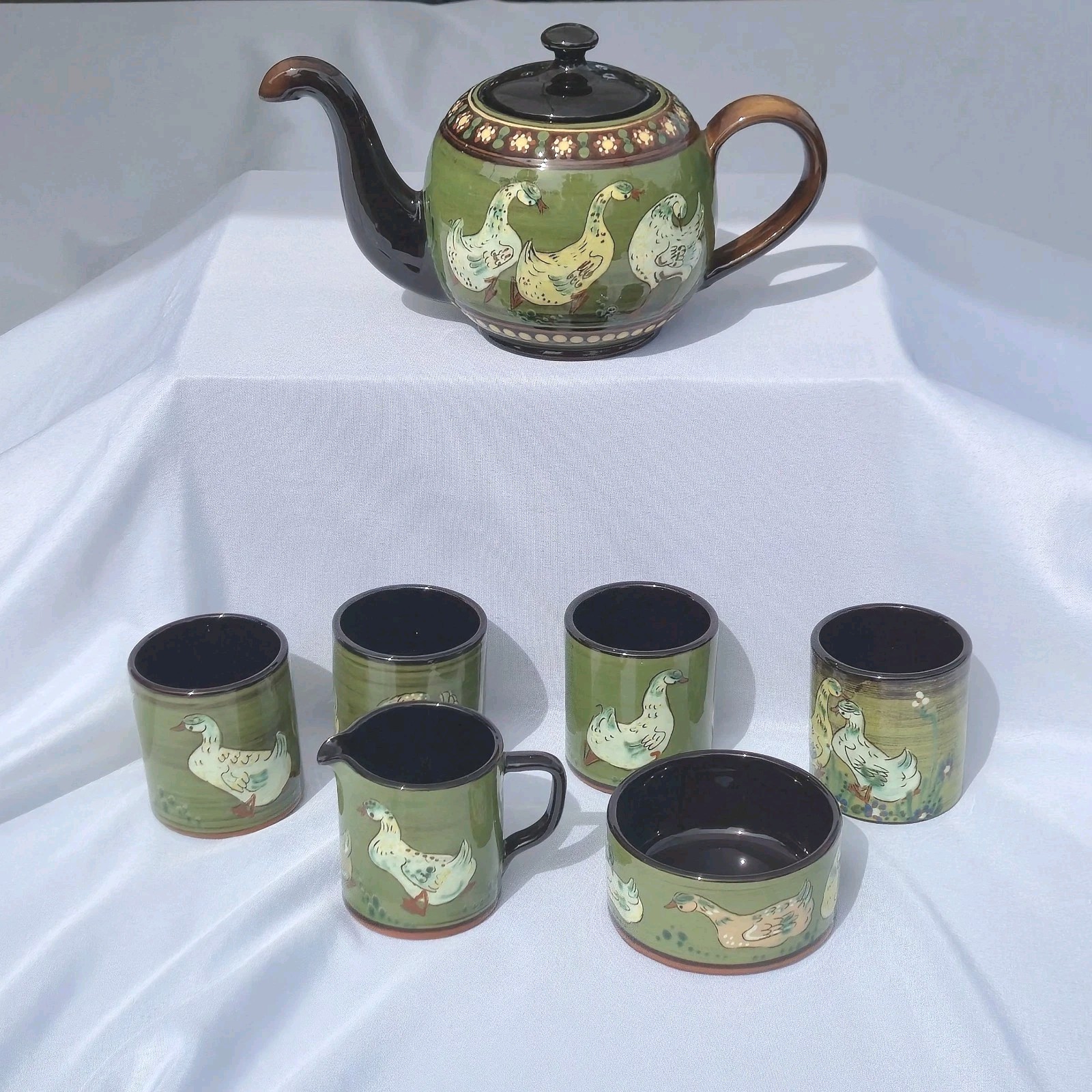 Vintage HMV Hungarian Majolica Goose Tea Set - Pristine Redware Art Pottery 7pc