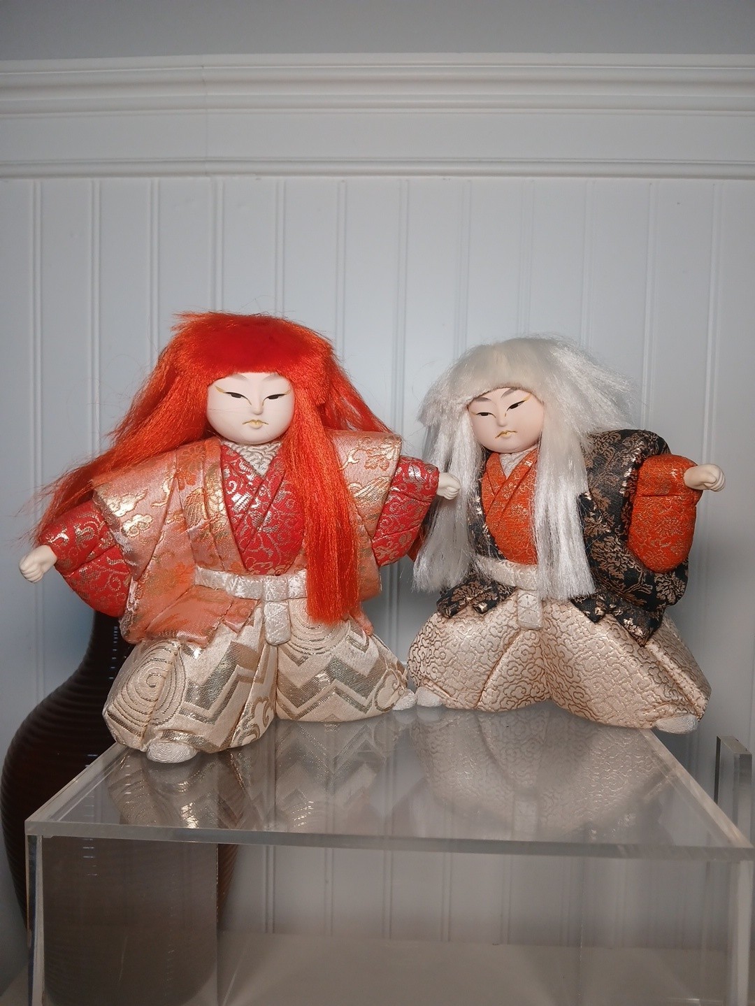 Vtg Japanese Kimekomi Dolls Pair Kabuki Renjishi Lion Dancer Brocade Silk 8