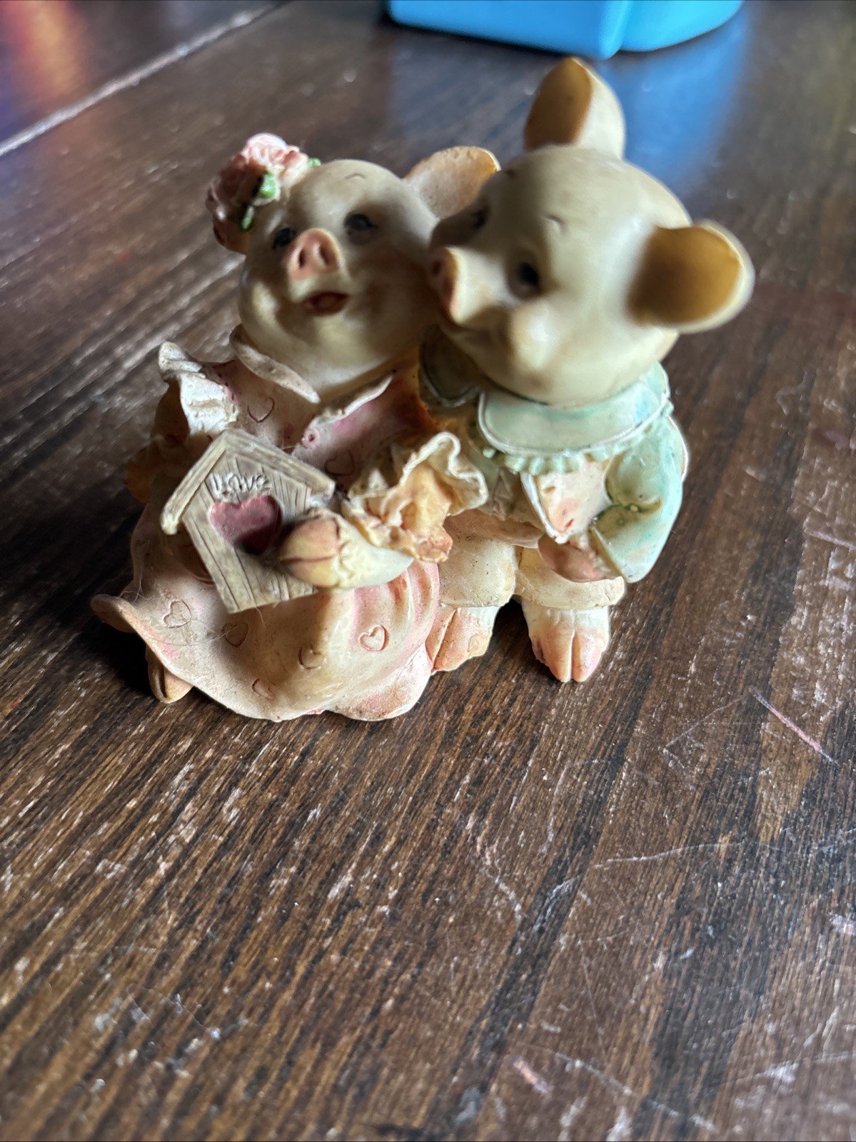Vintage Two Happy Kitsch Pigs anthropomorphic Figurines Holding Love Birdhouse