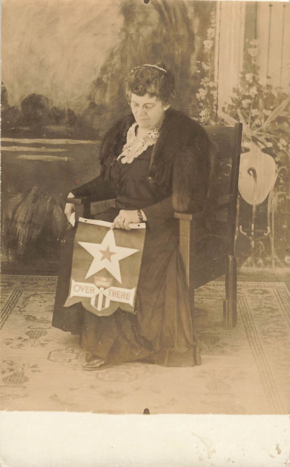 WWI Woman Holding Over There Banner Flag RPPC Photo Postcard c1917 Patriotic US