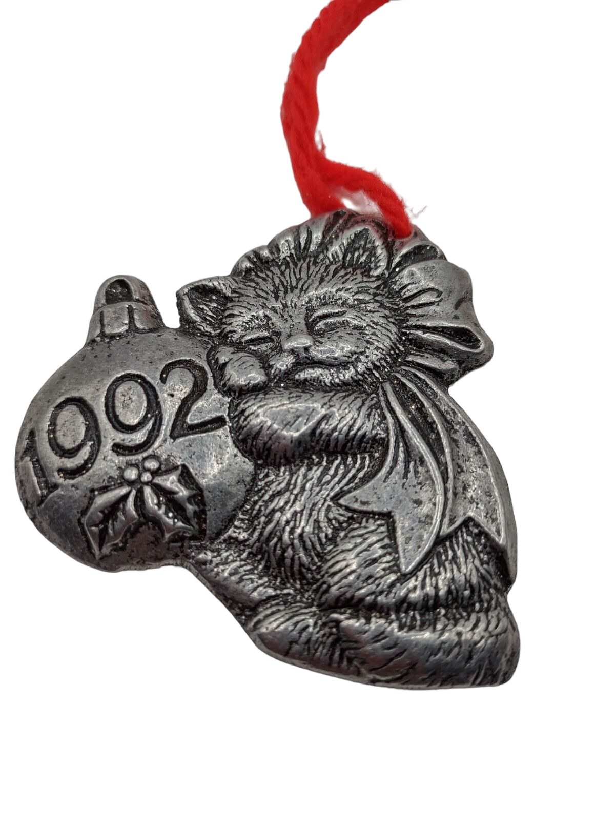 Vintage 1992 Kitty Cat Hugging Christmas Ball Pewter Holiday Ornament 2.5\