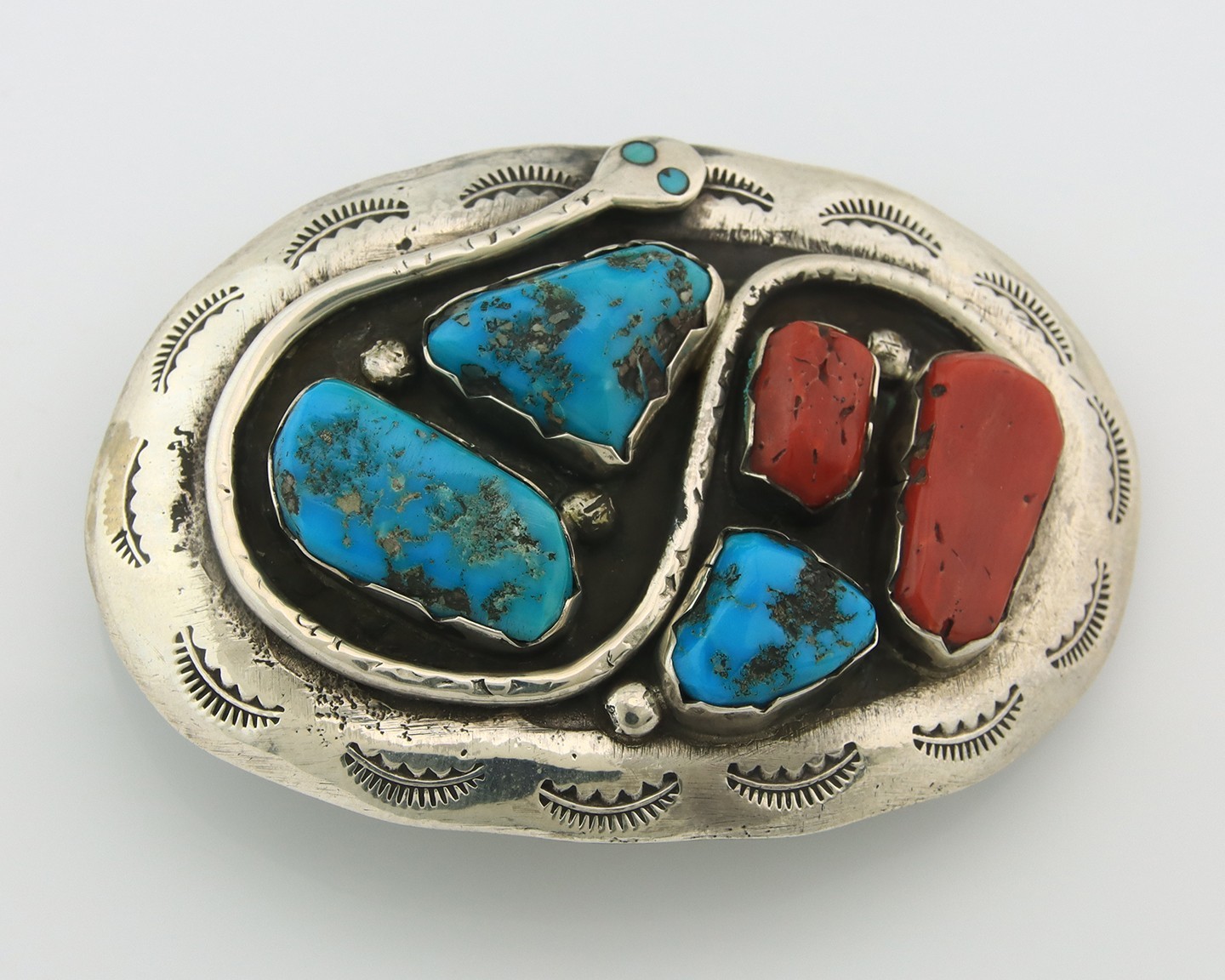 Zuni Belt Buckle Sterling Silver Turquoise & Coral Signed E Calavasa