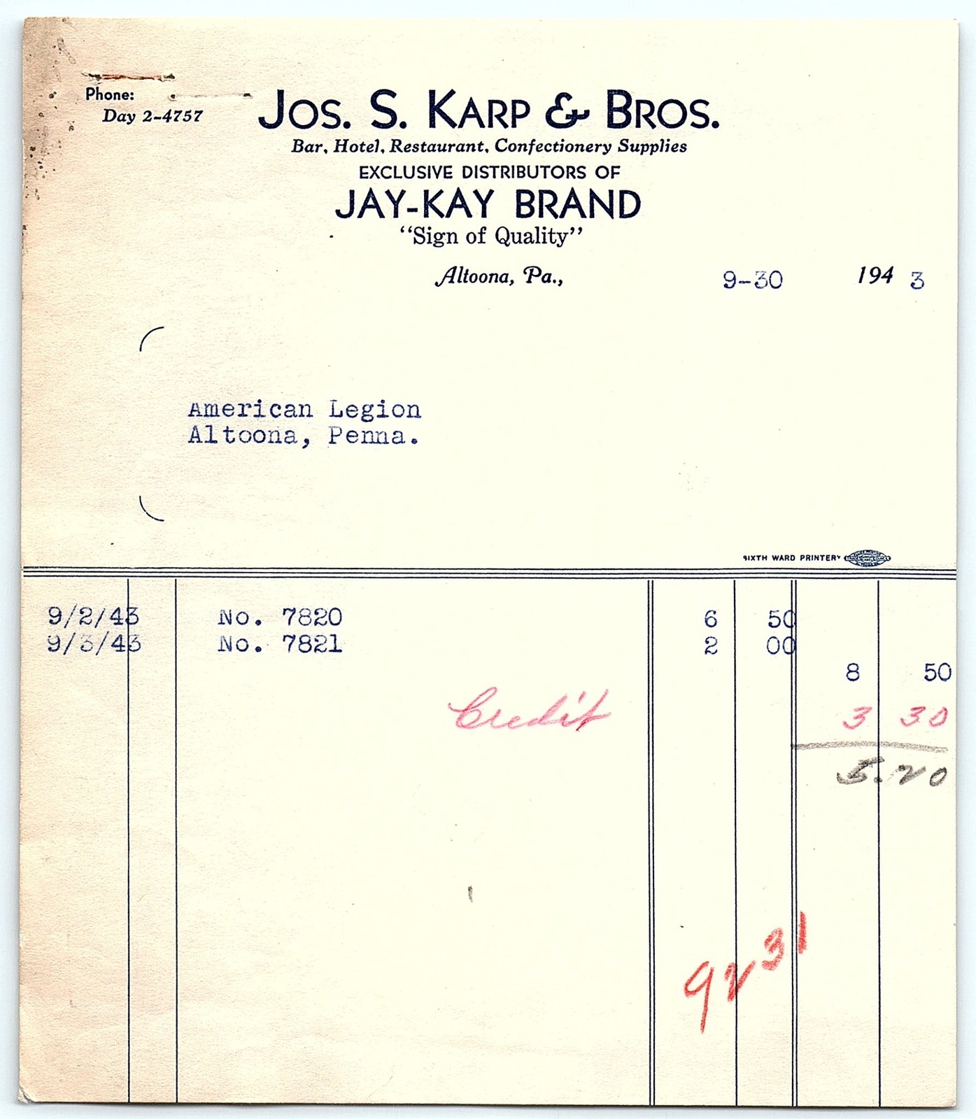 1943 Jos. S. Karp & Bros. Altoona, PA Billhead to Am. Legion
