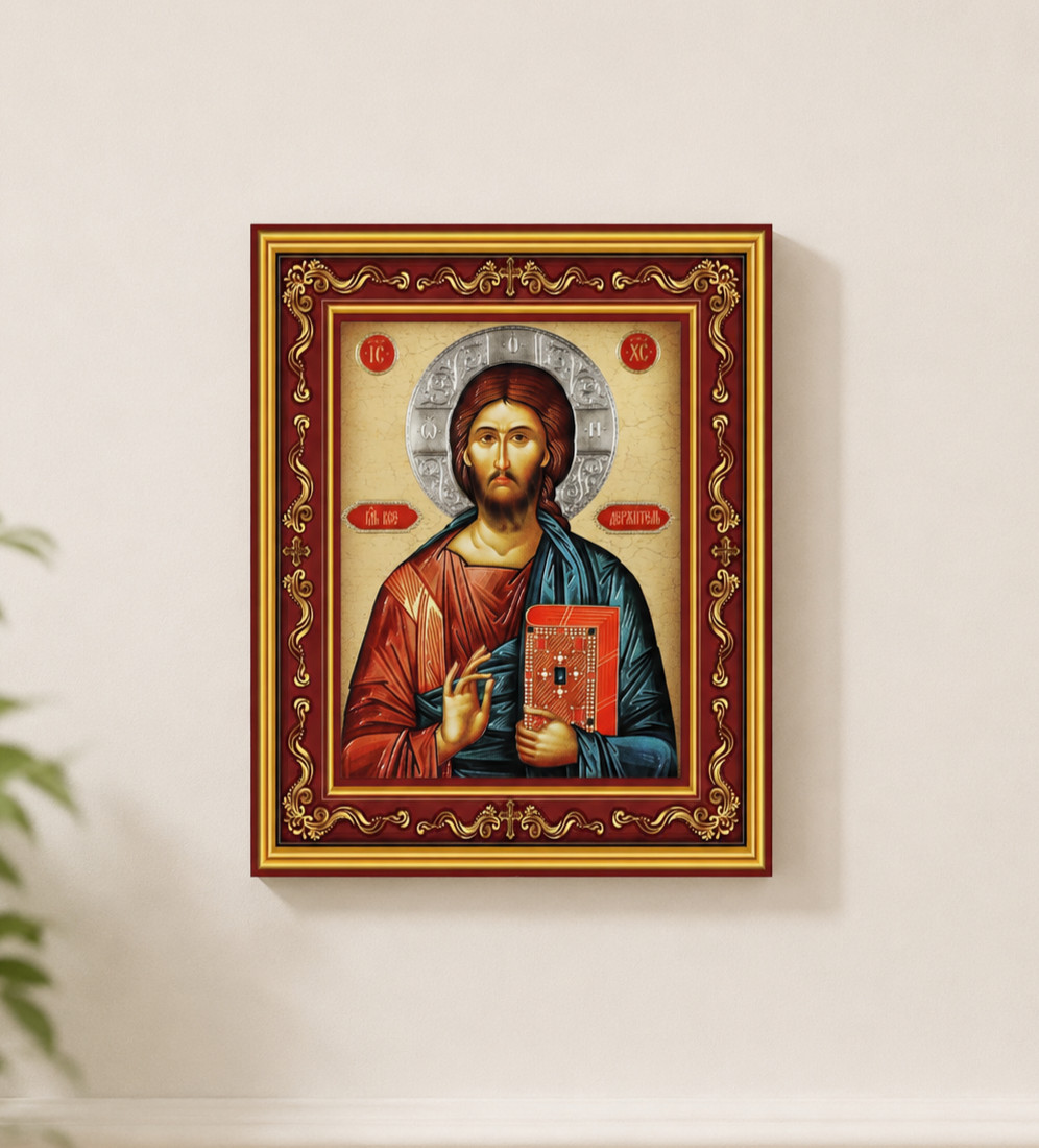 Orthodox Christ the Teacher Burgundy Wooden Framed Icon with Cross Details Orthodox Christ the Teacher Burgundy Wooden Framed Icon with Cross Details