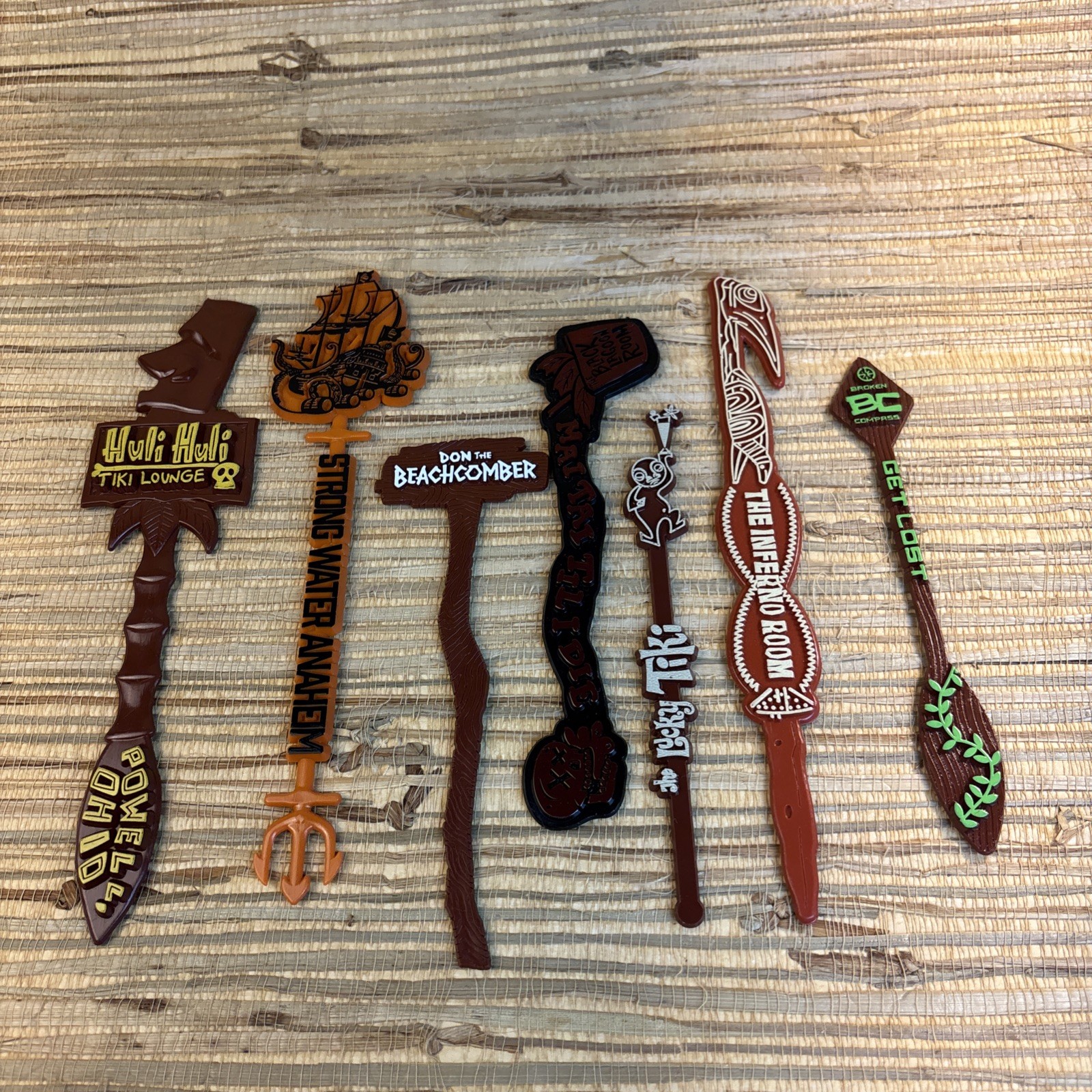 7 TIKI Bar Swizzle Stick Huli  Strong Water Inferno Lucky Broken Compass Don