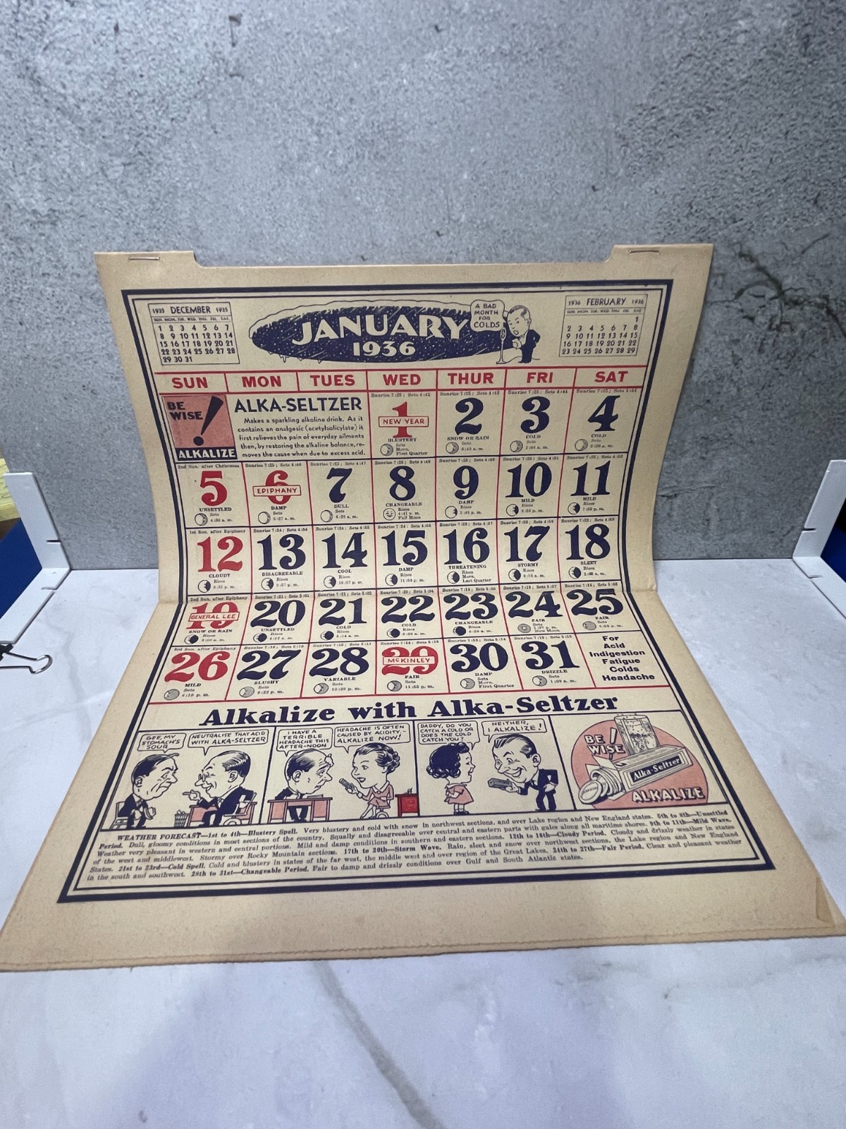 Vintage 1936 Dr. Miles Weather Calendar w/Hanger + stamps books Vintage 1936 Dr. Miles Weather Calendar w/Hanger + stamps books