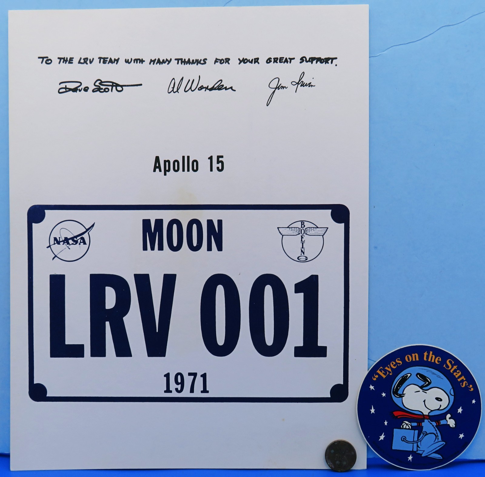 NASA POSTER & STICKER vtg Boeing Employee Appreciation APOLLO 15 / SNOOPY
