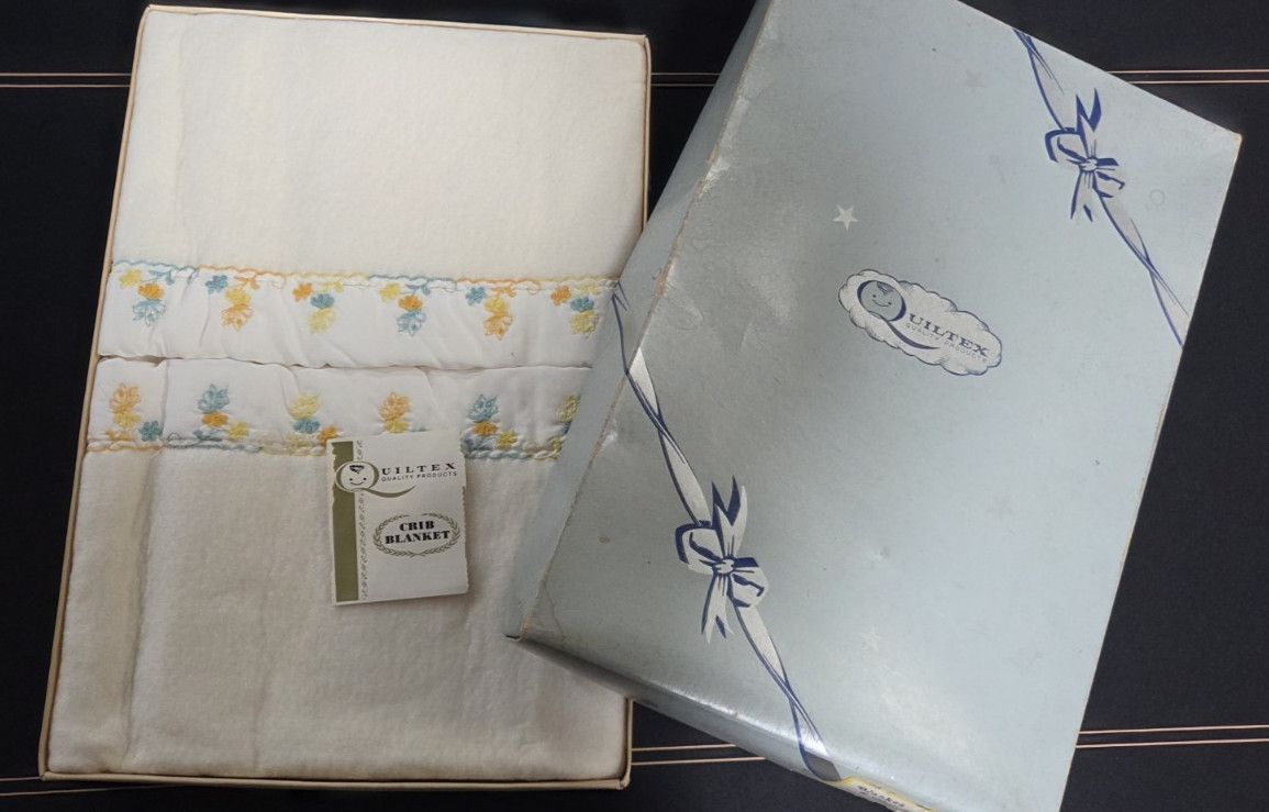 Vintage Deadstock Quiltex Crib Blanket Embroidered Floral Satin Trim in Box Vintage Deadstock Quiltex Crib Blanket Embroidered Floral Satin Trim in Box