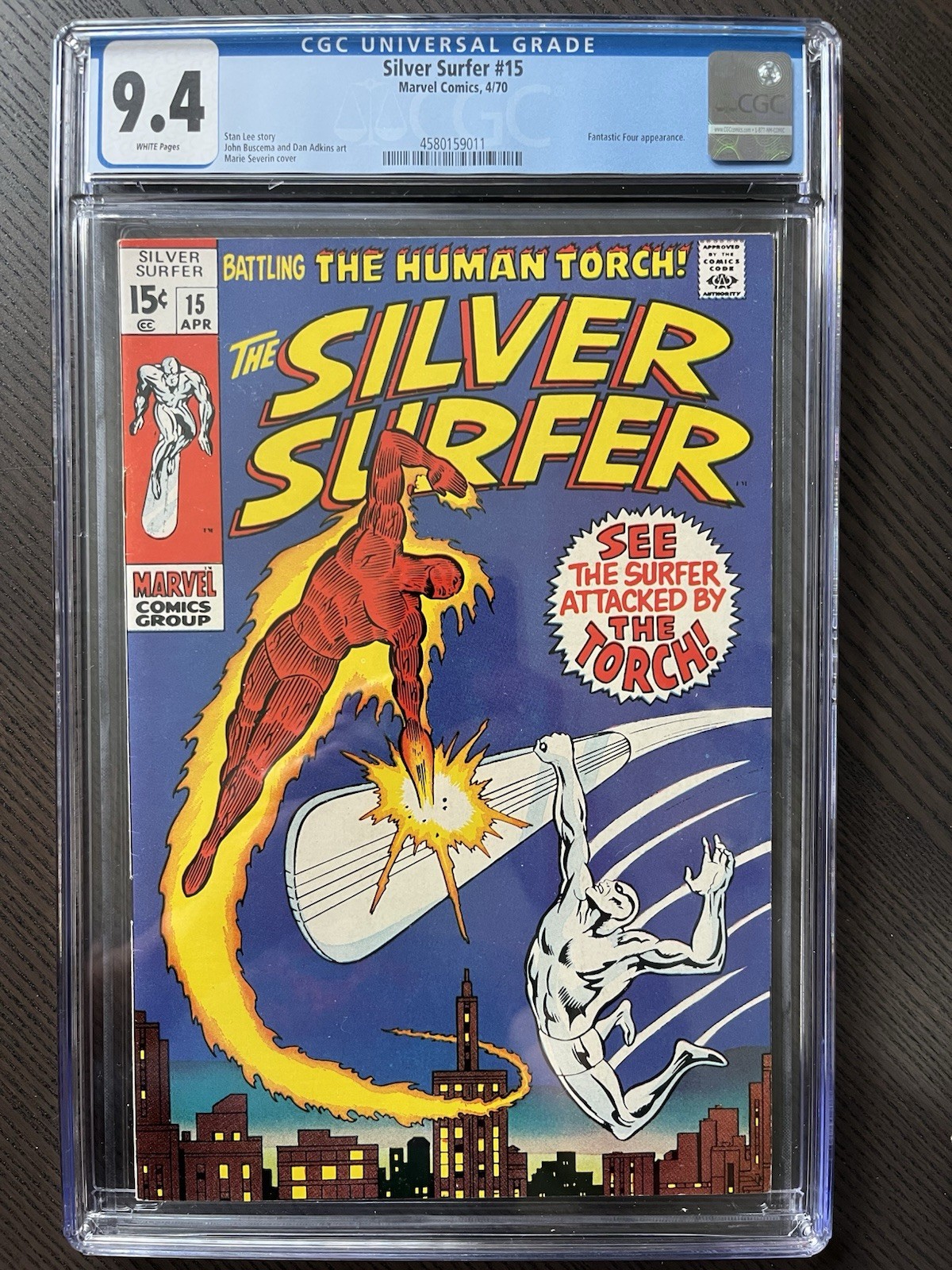 Silver Surfer #15 (Marvel 1970) CGC 9.4 White Pages Battle with The Torch