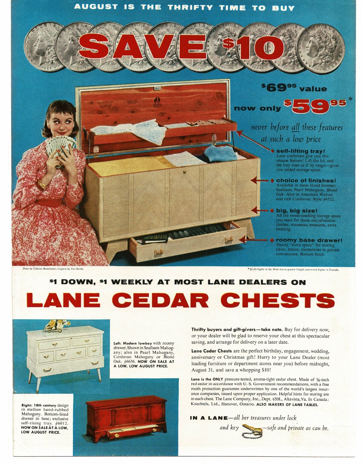 1956 Lane Cedar Hope Chest on sale Pretty girl holding money Vintage Print Ad