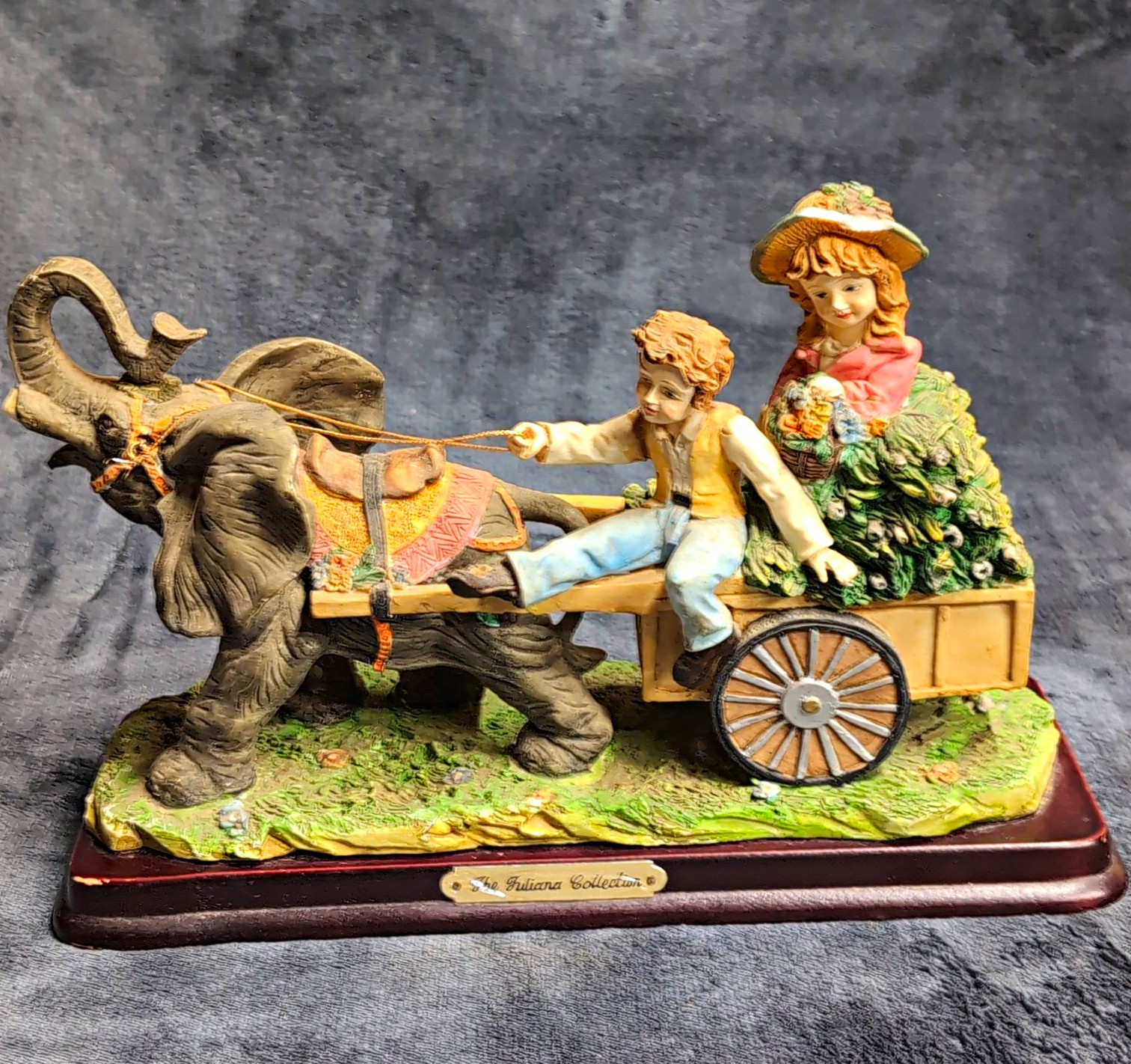 The Juliana Collection Elephant Pulling Cart Figurine w/ Children, 3D Resin