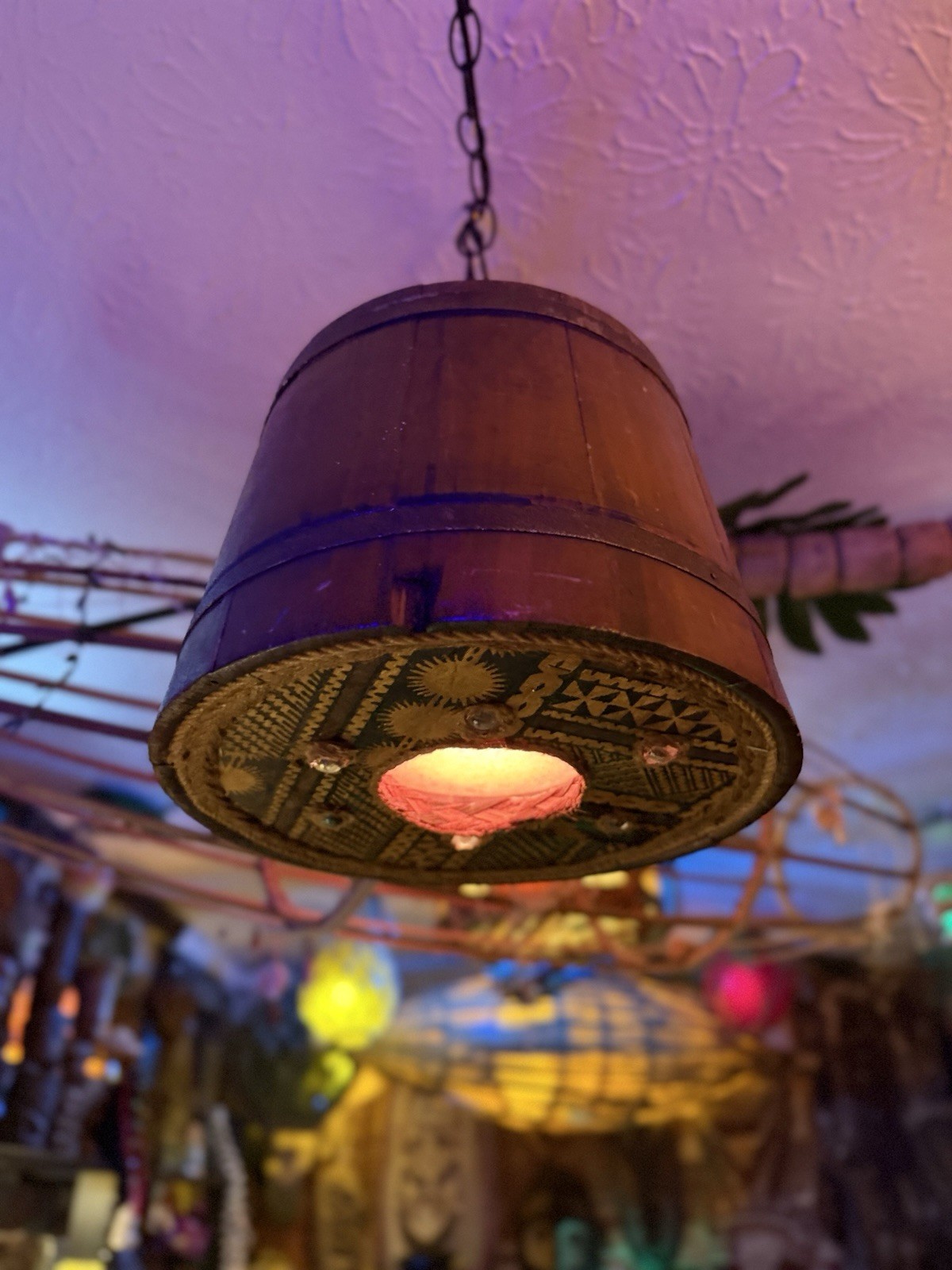 Tiki lamp light barrel bar swag Tropical lighting Tiki bahooka style Vtg Tapa