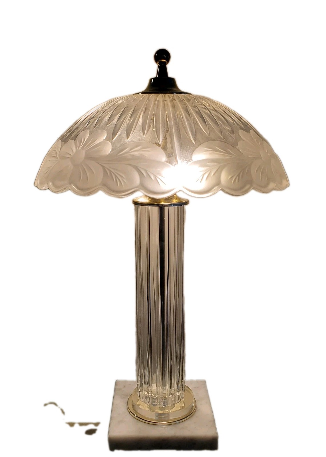 Vintage HEAVY Floral Crystal Frosted Glass Shade & Tower/ Marble Base Table Lamp