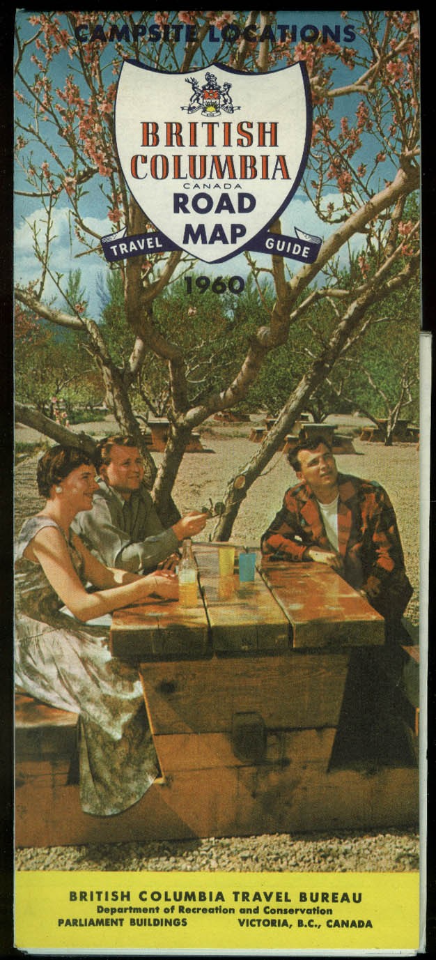 British Columbia Canada Road Map Travel Guide with Campsite Locations 1960