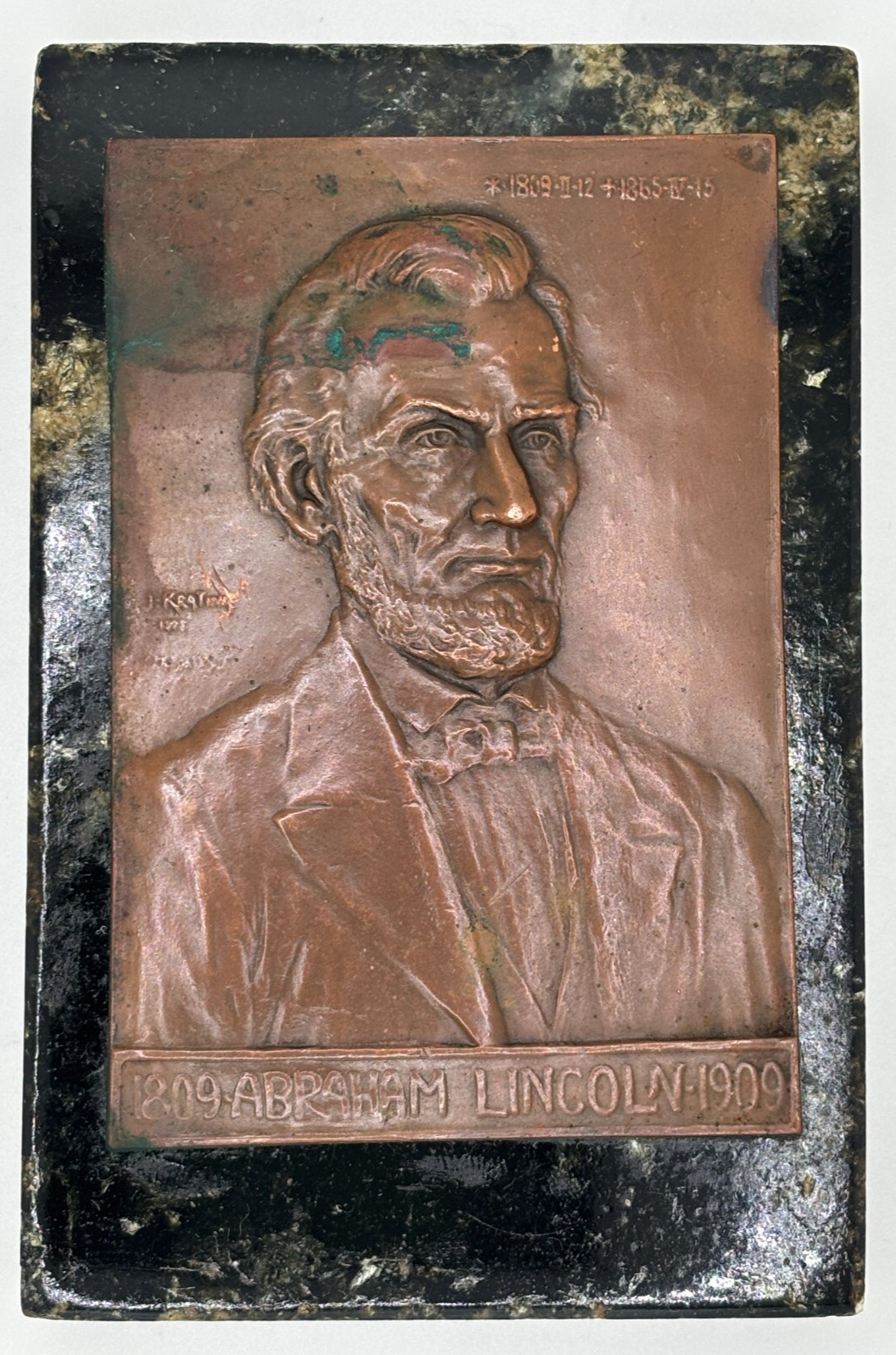 Historically Important Abraham Lincoln Bronze Plaque/Marble, Signed J. Kratina