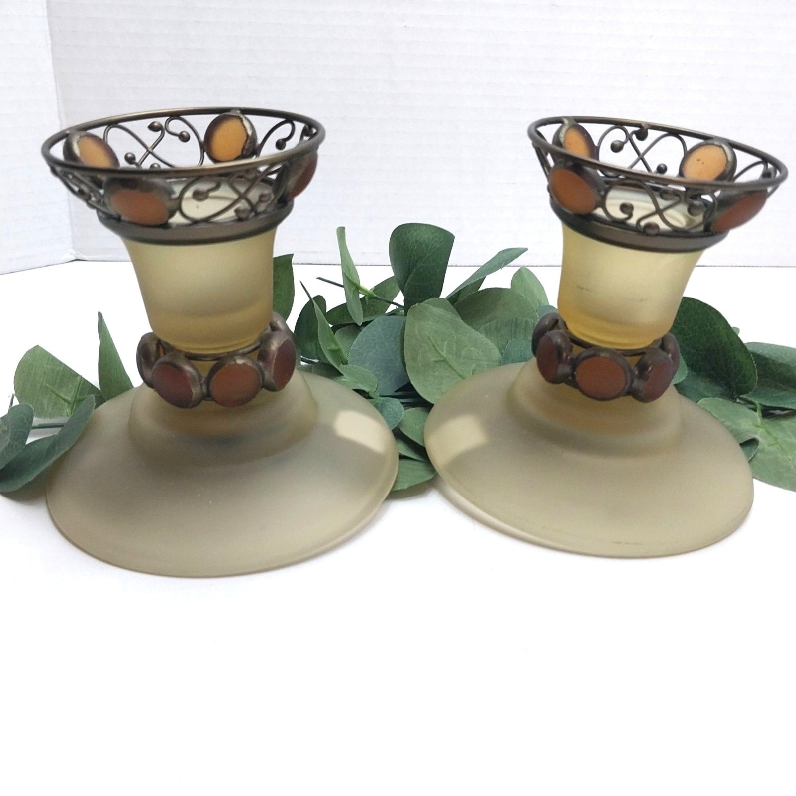 Partylite Paris Frosted Glass Metal Tealight Candle Holders Amber Vintage Pair Partylite Paris Frosted Glass Metal Tealight Candle Holders Amber Vintage Pair