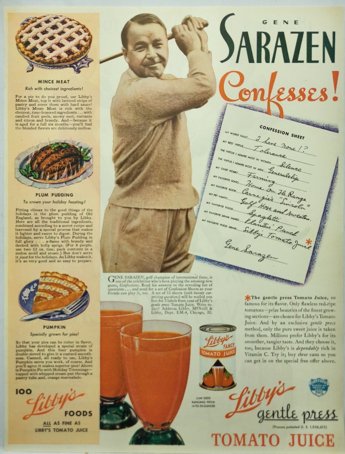 1937 Libby's Tomato Juice Gene Sarazen Golf Original Print Ad Life Magazine 30s