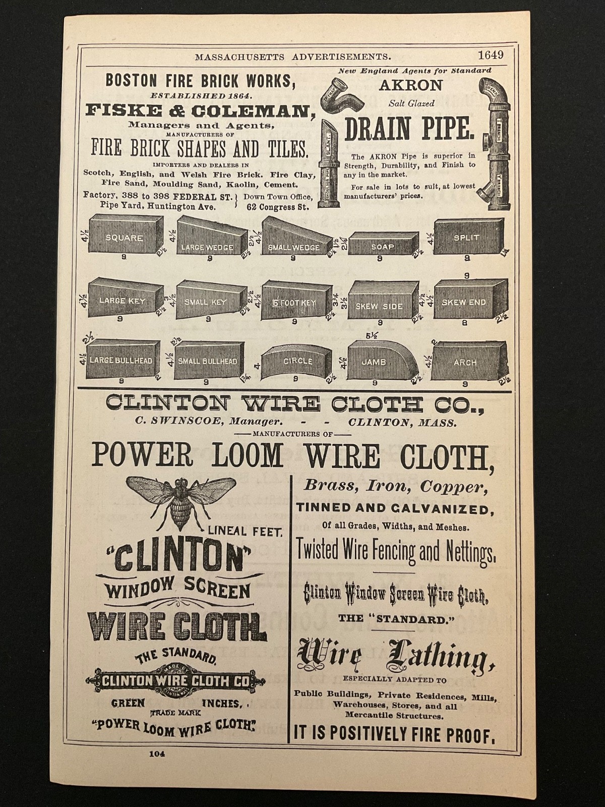 1883 Antique Ad Page Clinton Wire Cloth, Fiske & Coleman Fire Brick, Clinton MA