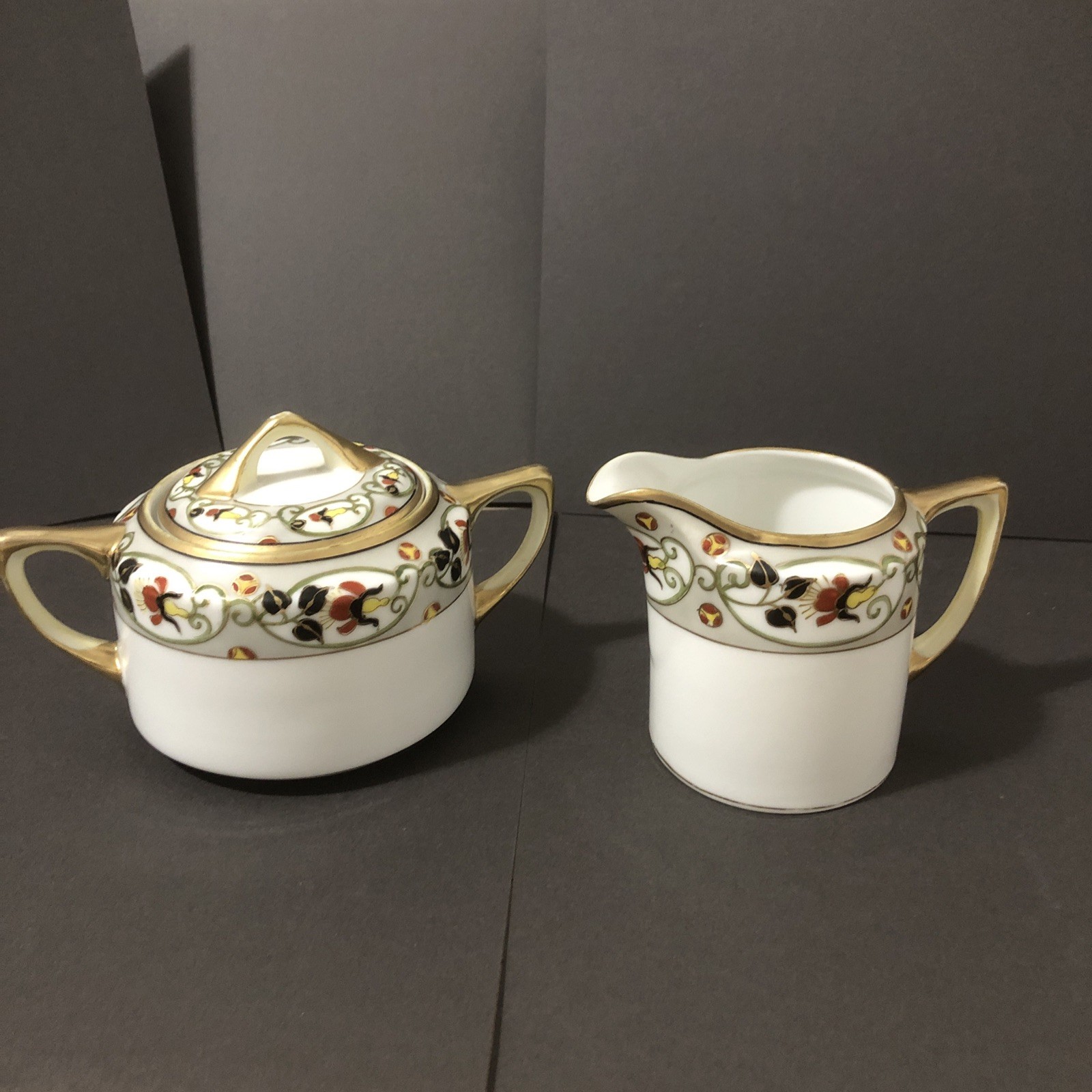 Antique Hand Painted Nippon Sugar & Creamer Set Floral Gold - READ-
