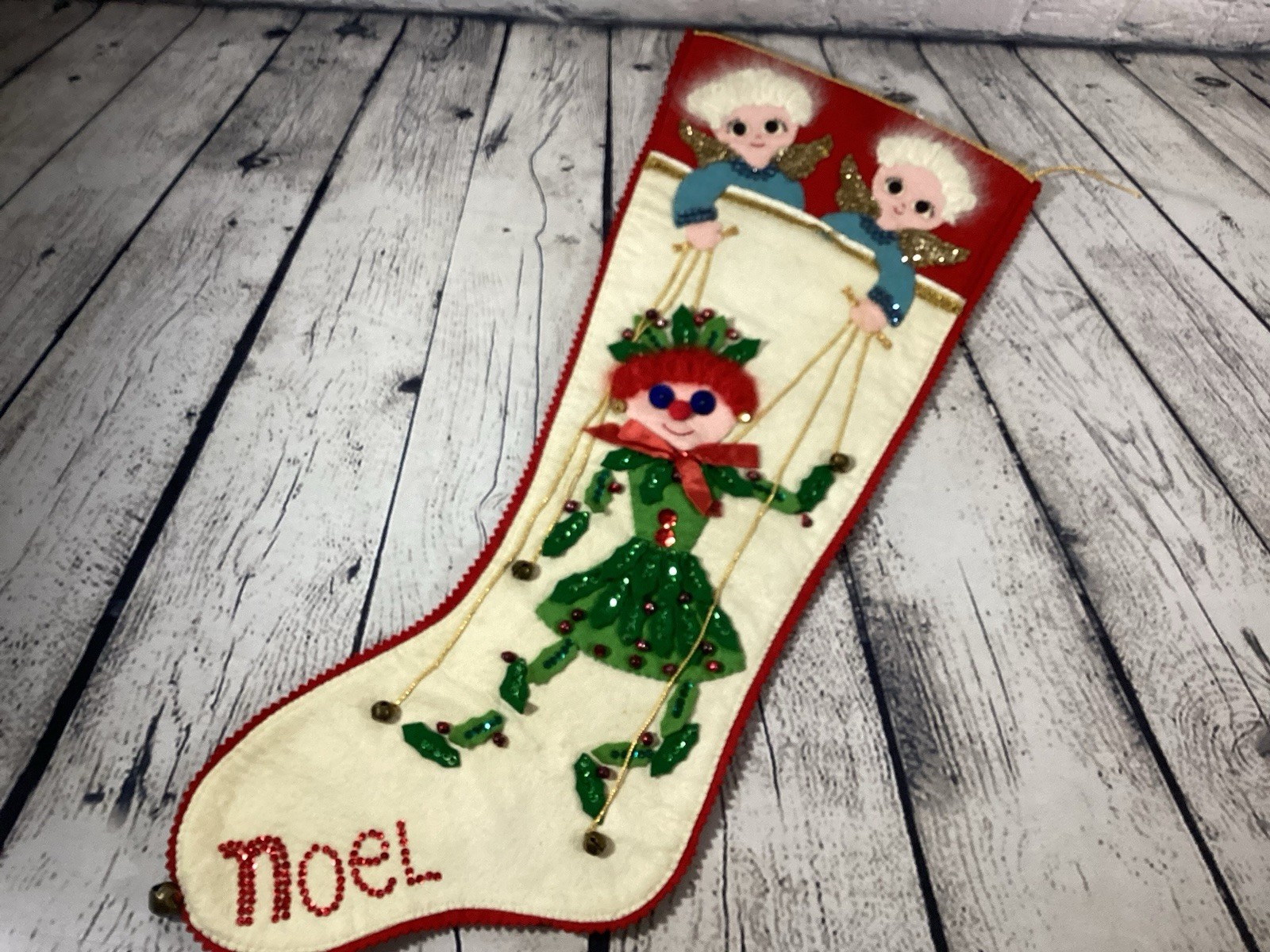Bucilla VTG Felt Christmas Jumbo Stocking Angels Elf Pixie Stocking Complete 29”