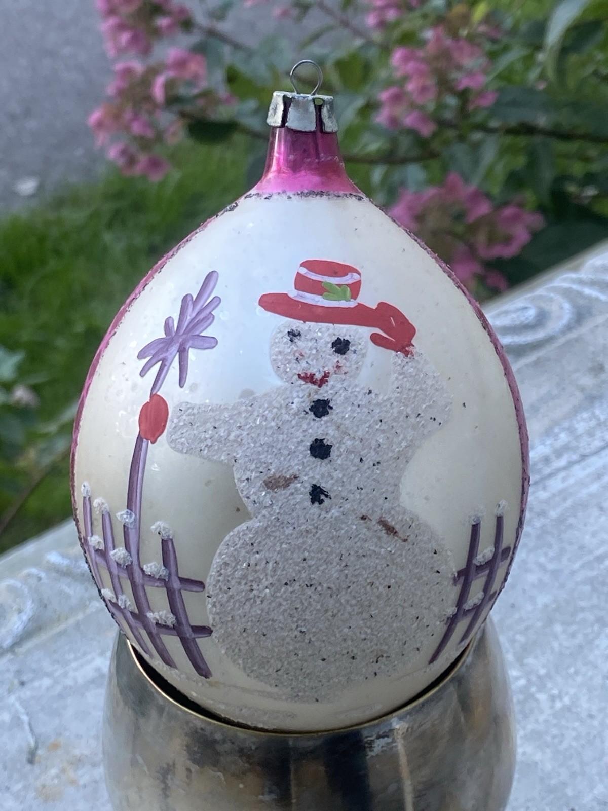 Large Jumbo Antique Vintage Glass Snowman Christmas Ornament Poland Polish Pink