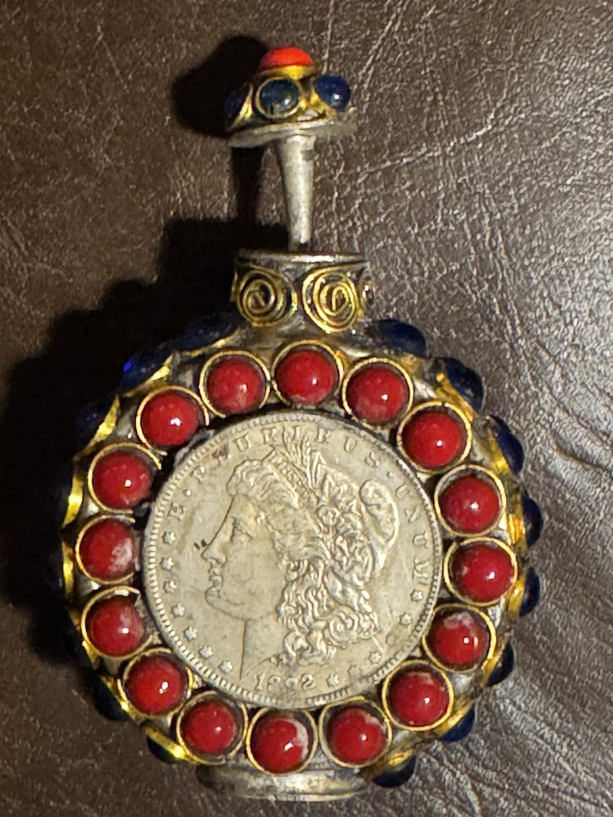 Vintage Tibetan Metal Handwork Snuff Bottle w 2 Morgan Silver Dollars Vintage Tibetan Metal Handwork Snuff Bottle w 2 Morgan Silver Dollars