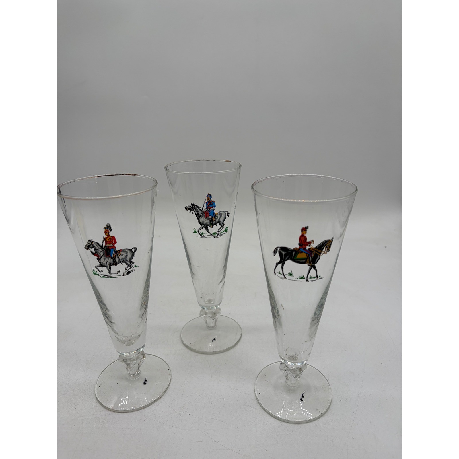 Vintage British Cavalry Soldier Pilsner Glasses Set of 3 Horseback Military Bar
