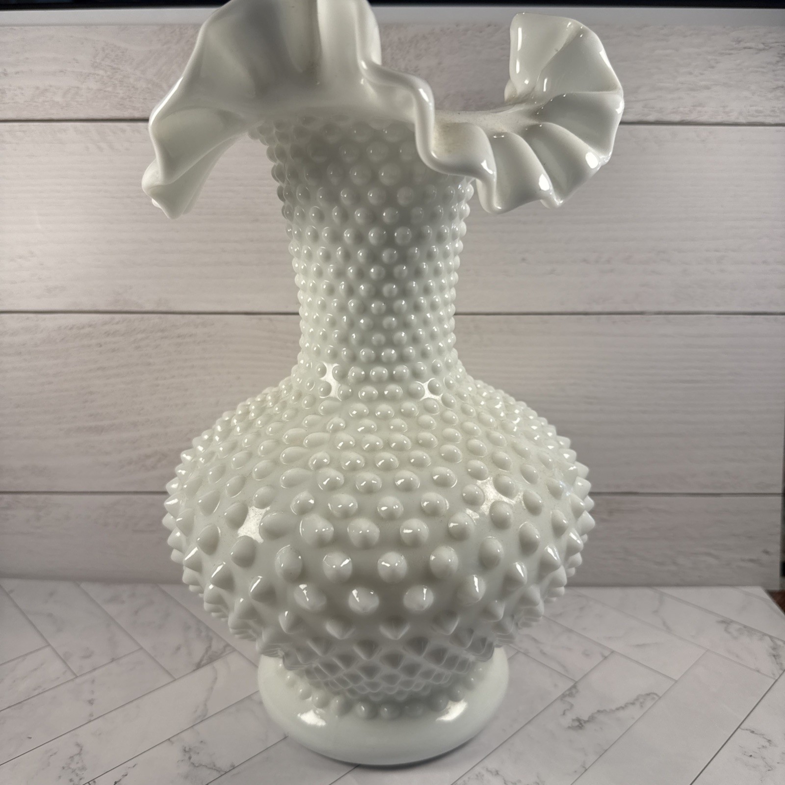 Fenton White Hobnail Milk Glass Vase with Ruffled Edges