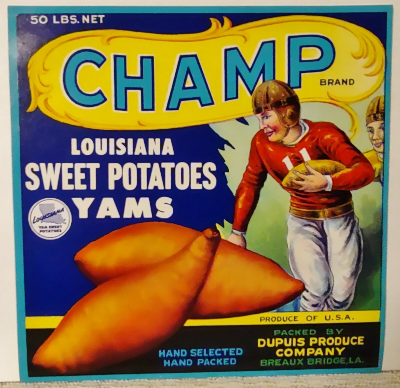 Vintage MCM Produce Label RARE CHAMP Sweet Potatoes LA Football Sports Decor