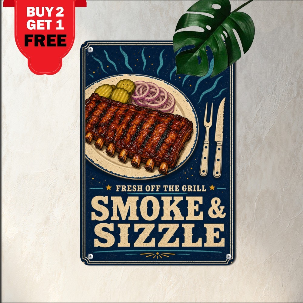 Barbecue Smokehouse Grilled Ribs Food Poster Retro Metal Tin Sign Decor