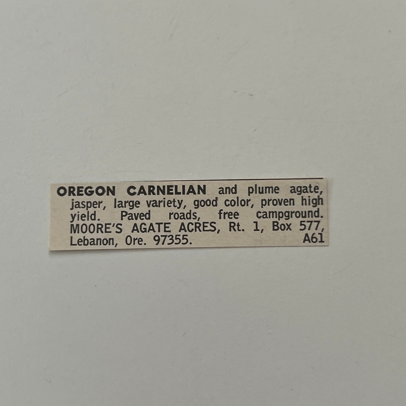 Moore\'s Agate Acres Oregona Carnelian & Plume Agate Lebanon OR 1968 Ad SAH8-S47 Moore\'s Agate Acres Oregona Carnelian & Plume Agate Lebanon OR 1968 Ad SAH8-S47