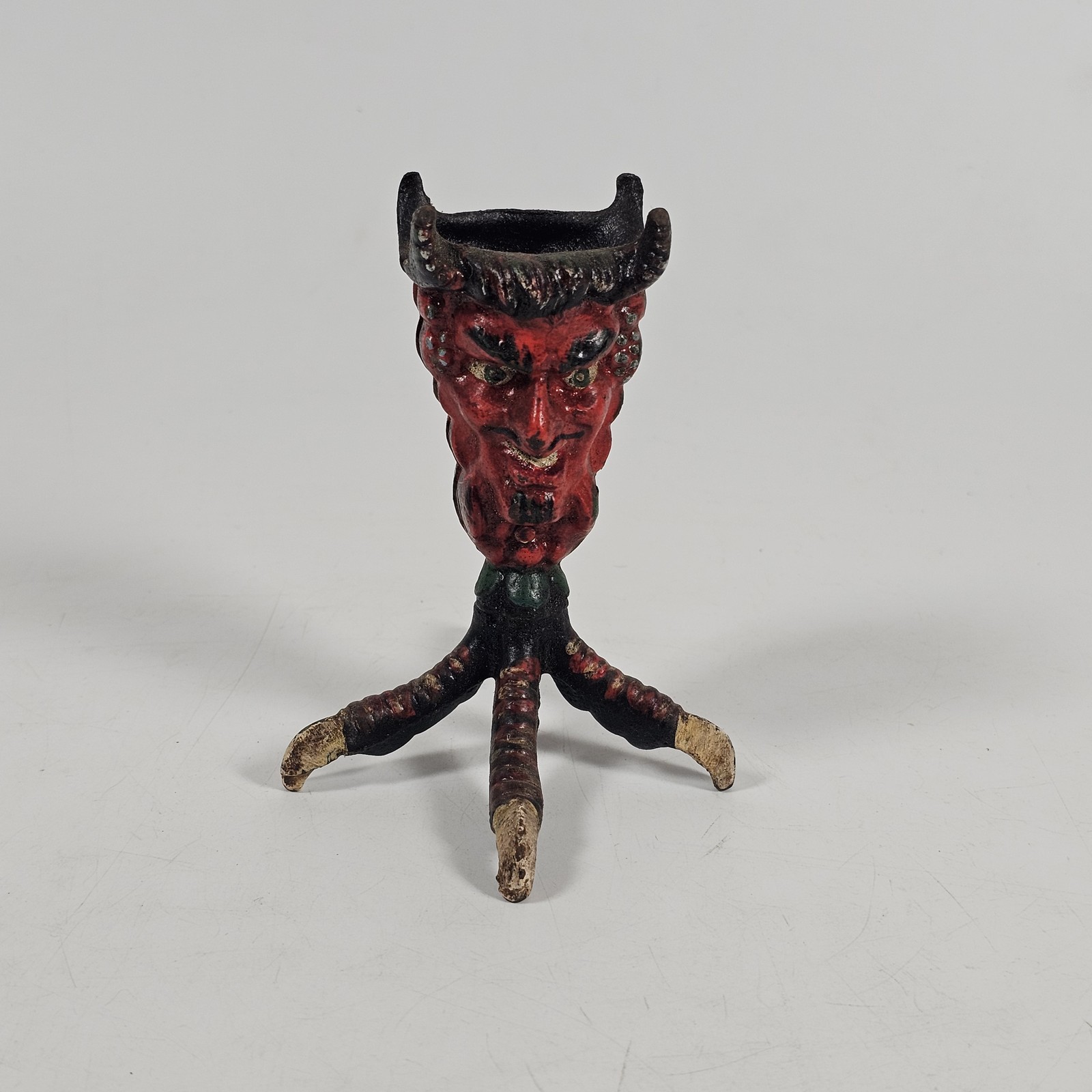 Antique Cast Iron Devil Head Candle Holder Tripod Original Paint Antique Cast Iron Devil Head Candle Holder Tripod Original Paint