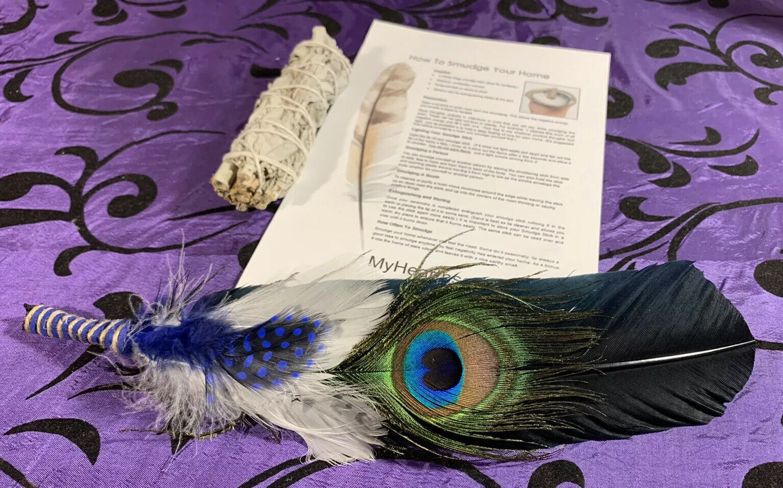 SMUDGE BLACK FEATHER FAN SAGE ENERGY Home CLEANSING CLEARING KIT w INSTRUCTIONS