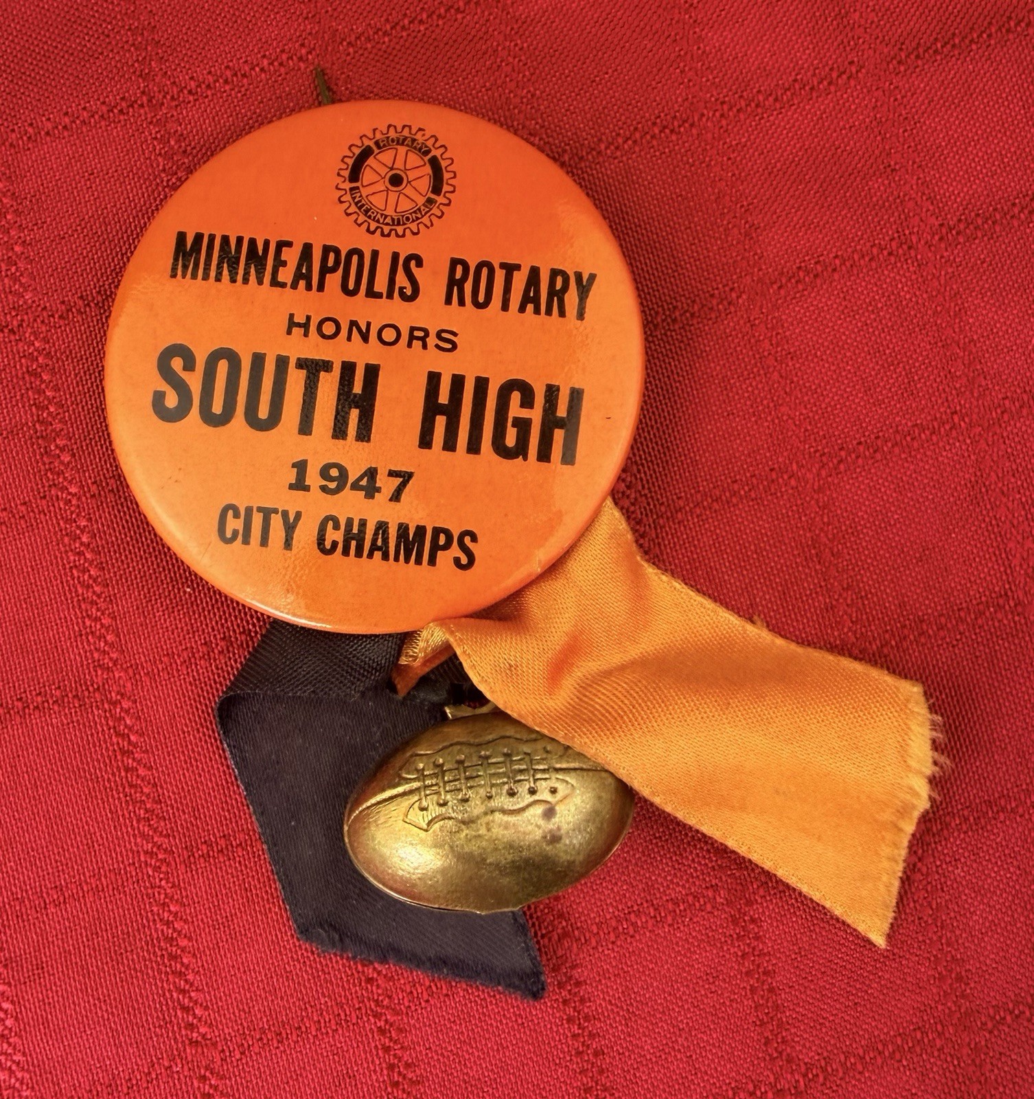 Vtg 1947 Minneapolis Rotary South High City Champs Pin Football Ribbon 2”