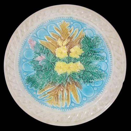 Antique Victorian Majolica Plate Turquoise Basketweave Fern Floral 19thC
