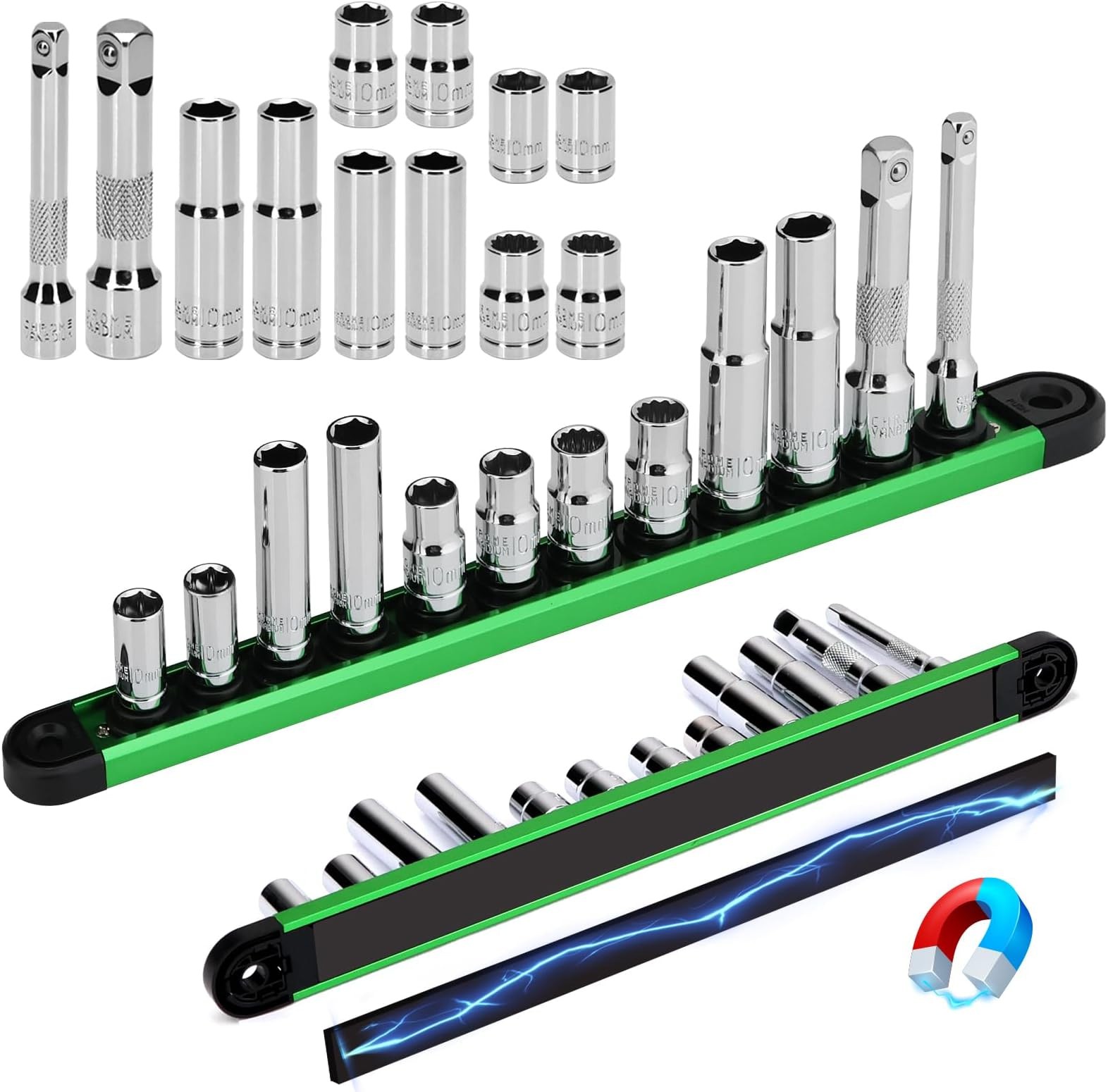 12-piece 1/4 3/8 drive socket set 10mm CR-V steel with extensions 12-piece 1/4 3/8 drive socket set 10mm CR-V steel with extensions