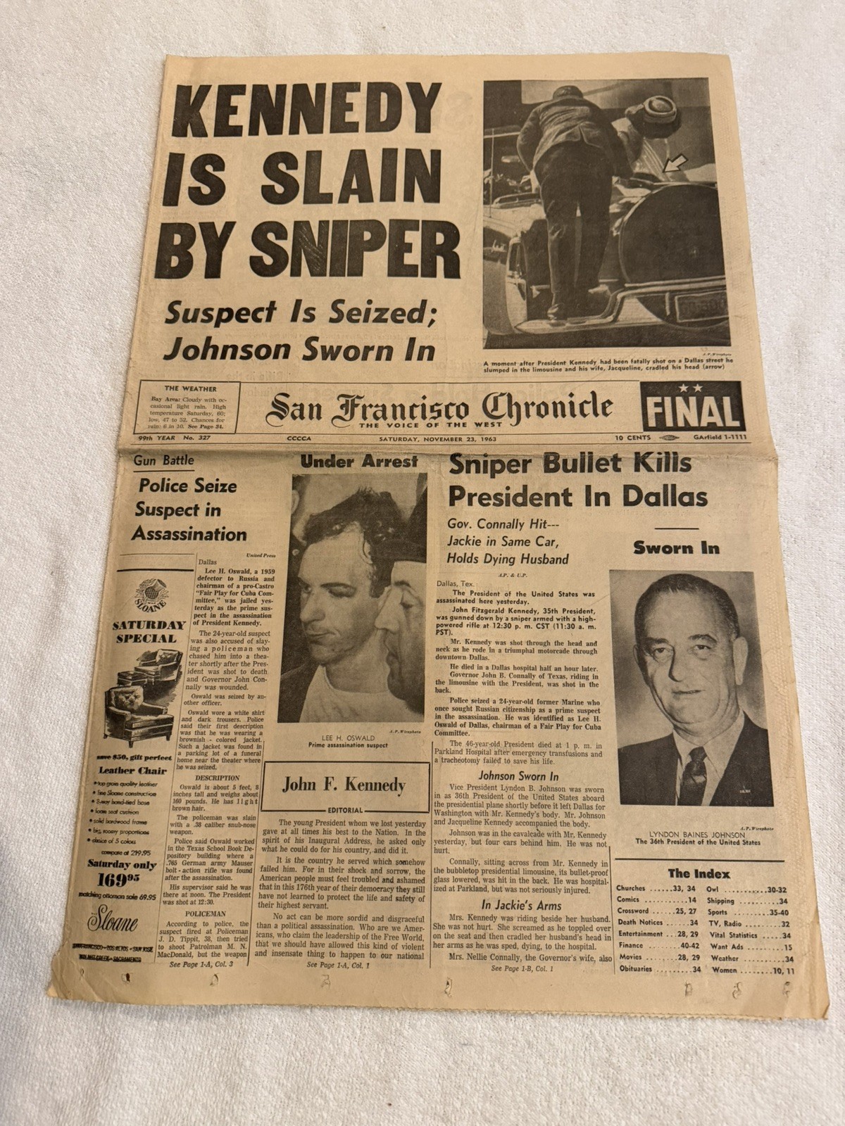 San Francisco Chronicle - Nov. 23, 1963 - Kennedy Assassination Front Page News San Francisco Chronicle - Nov. 23, 1963 - Kennedy Assassination Front Page News