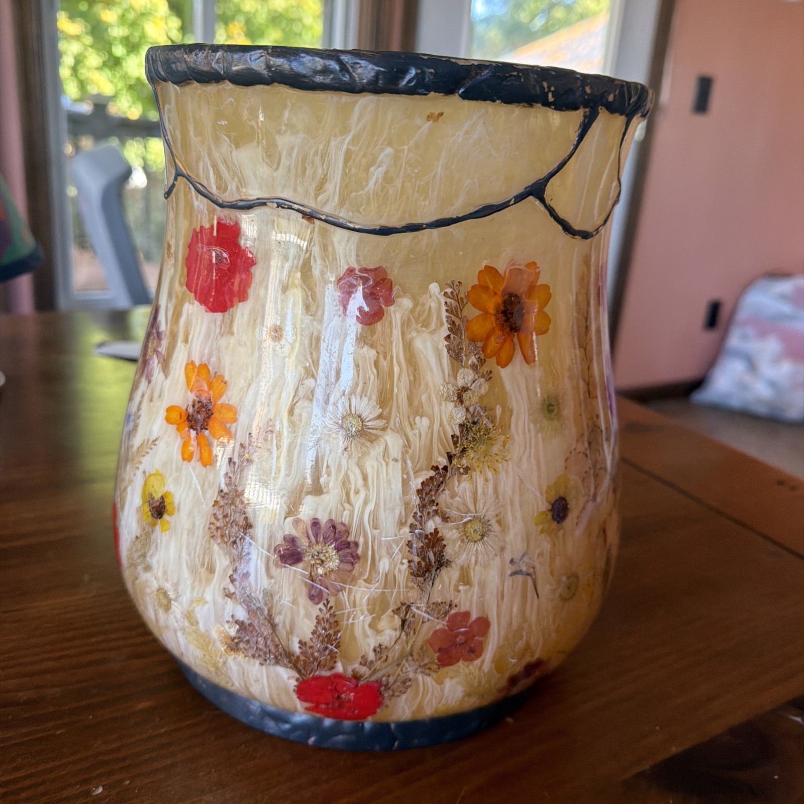 Vintage MCM Lucite Acrylic Honey Swirl Real Pressed Flower Waste Basket 10\