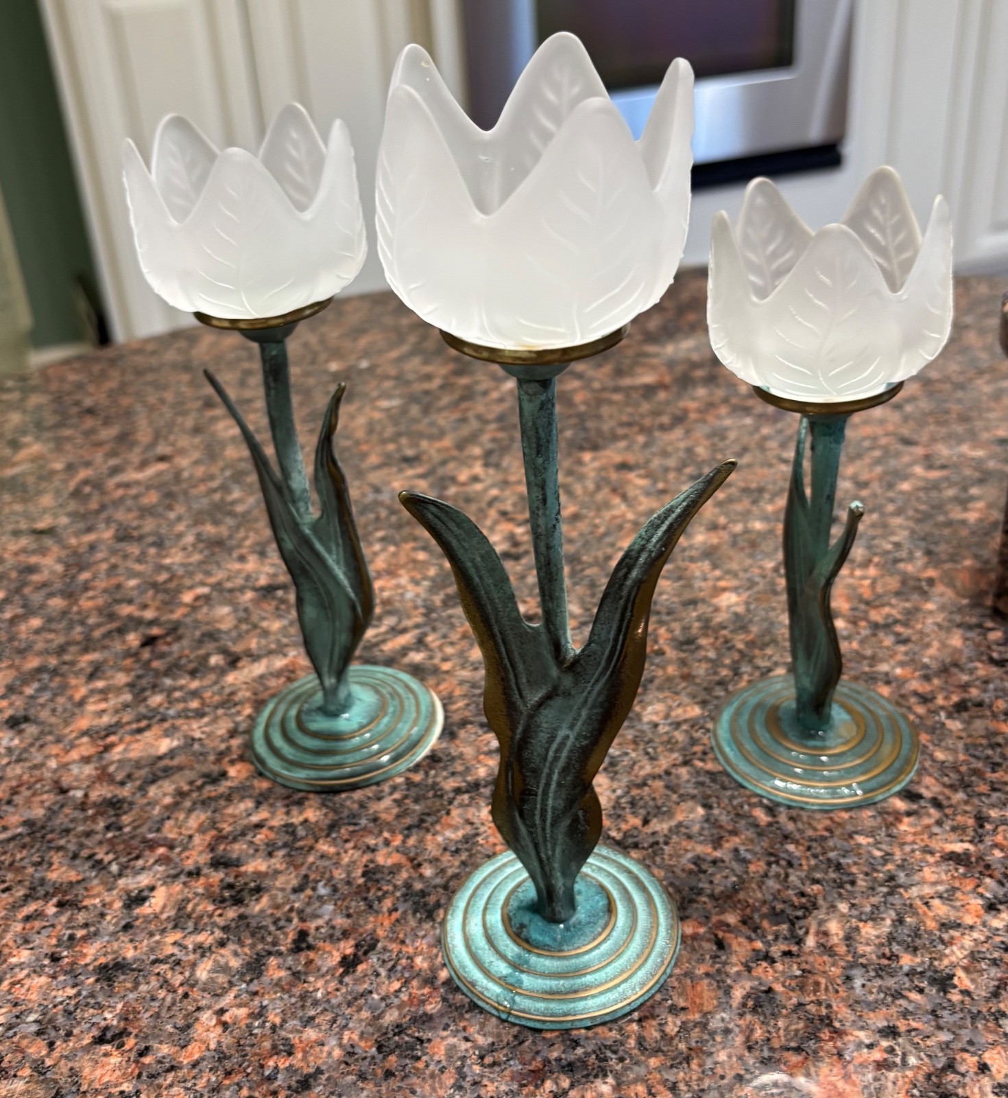 Vintage Tulip Candle Holders Verdigris Patina Metal Frosted Glass Set of 3