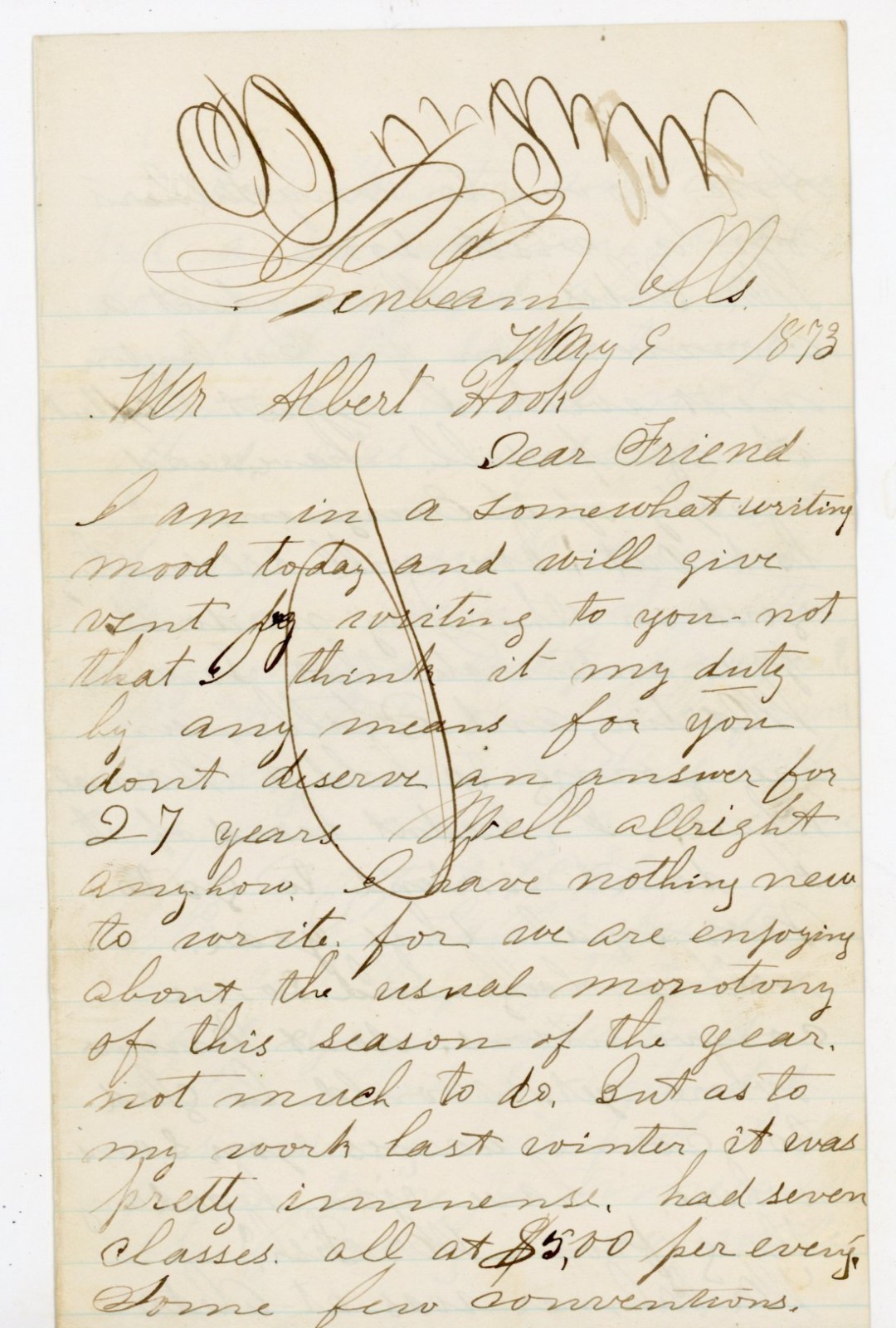 1873 Vintage Letter Sunbeam Illinois Music History Cropuet PP Bliss Ephemera