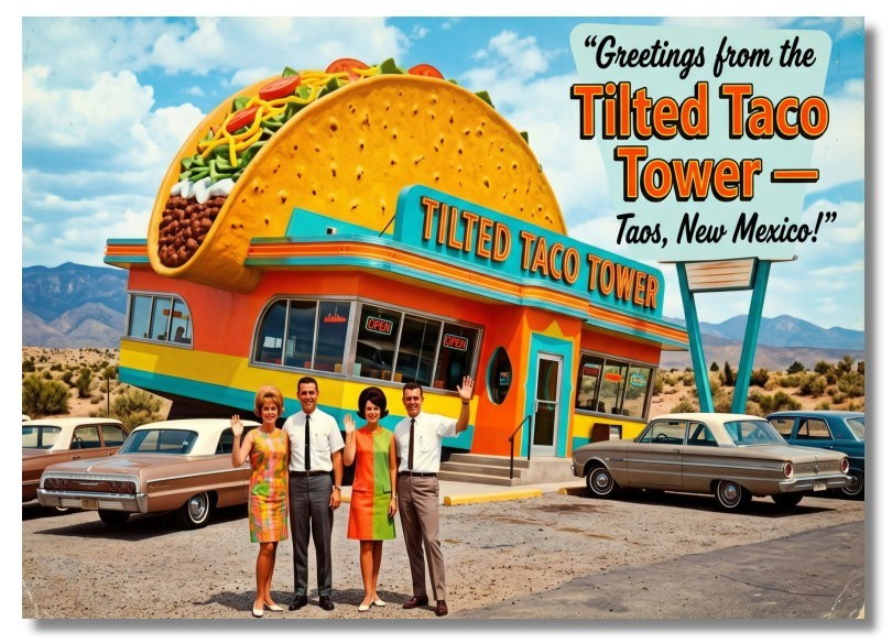 Vintage‑STYLE  ART 50\'S/60\'S-TILTED TACO TOWER TAOS NEW MEXICO-FAUX PHOTO
