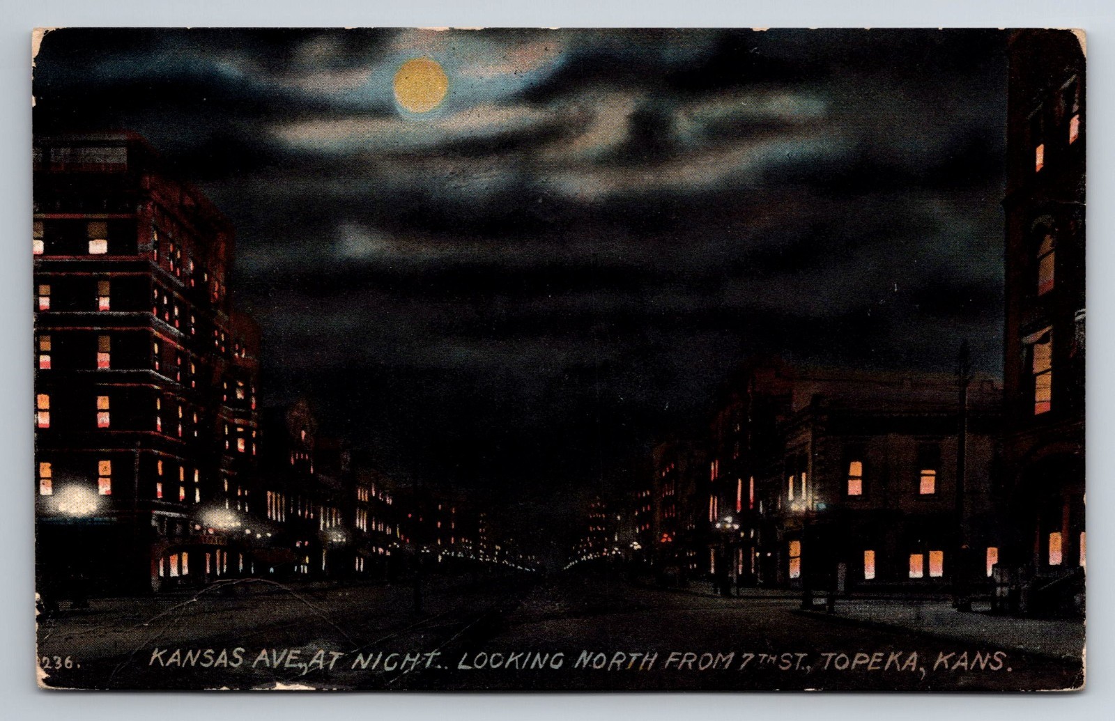 KS, Topeka, Kansas Avenue, Night View, Moon, Moonlight, Vintage Postcard KS, Topeka, Kansas Avenue, Night View, Moon, Moonlight, Vintage Postcard