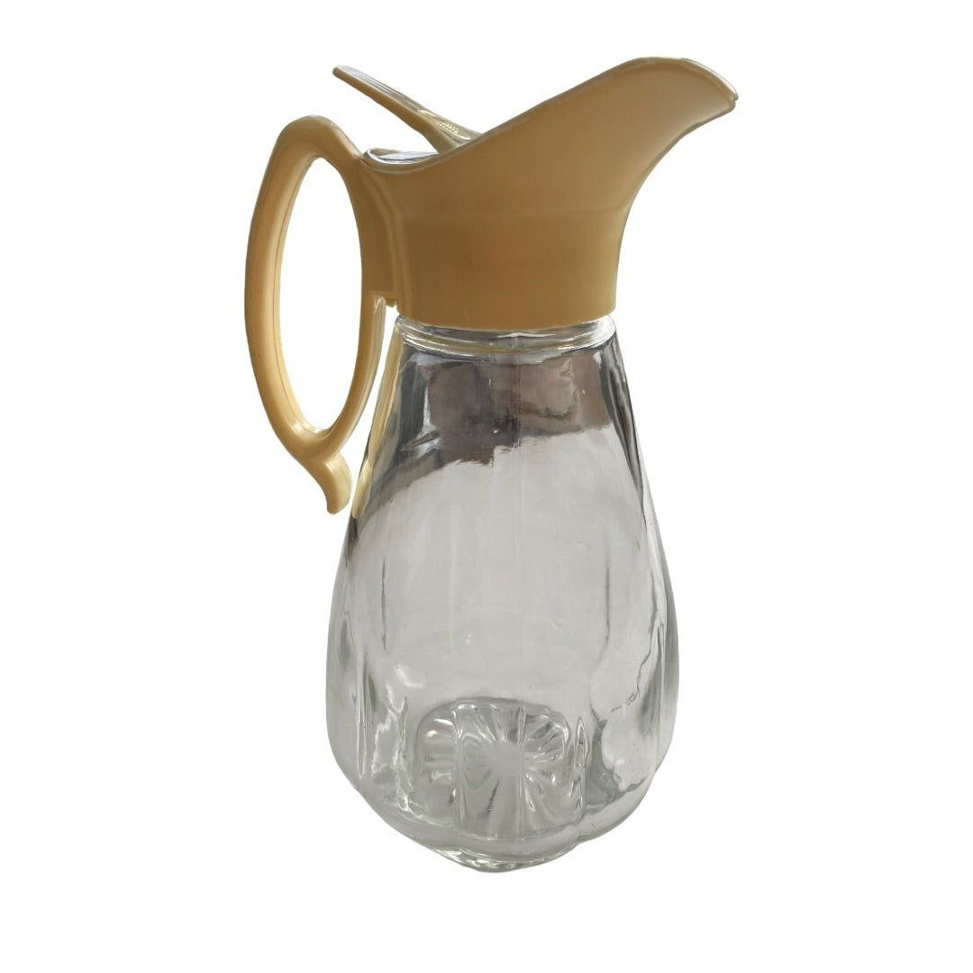Log Cabin Syrup Pitcher Vintage 60\'s Clear Glass Ivory Top MCM