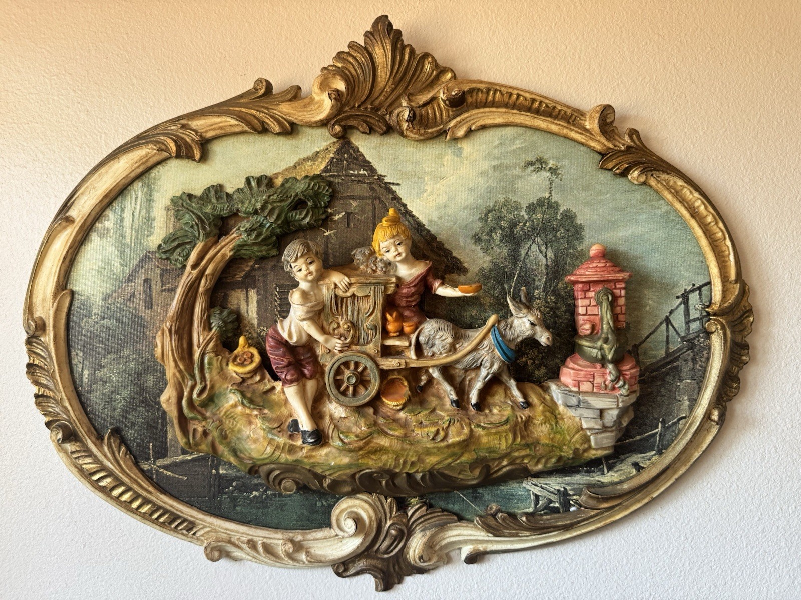 Vintage 3D Italian Empire Art-Oval Raised Wall Plaque-Playful Boy/Girl (21
