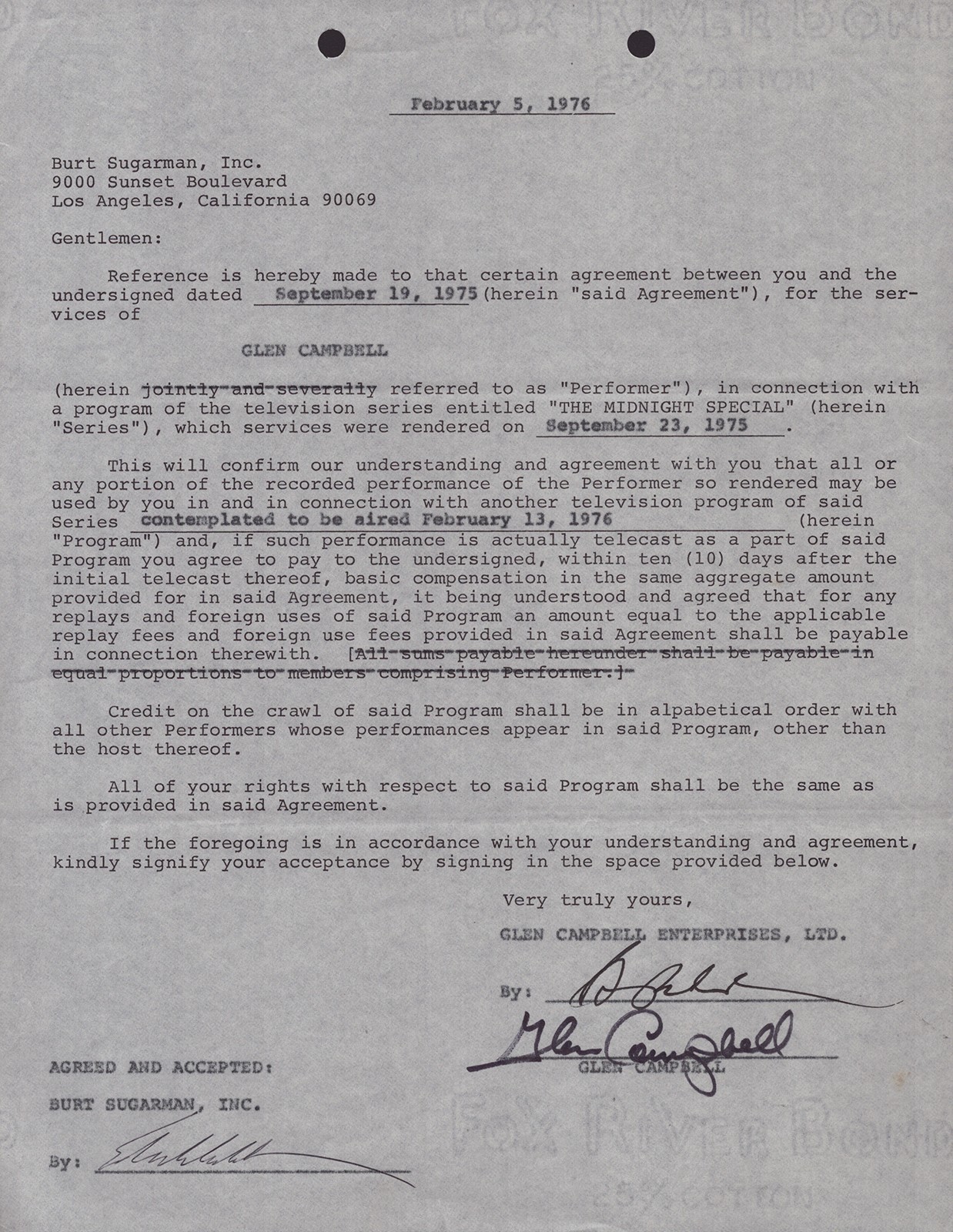 GLEN CAMPBELL - CONTRACT SIGNED 02/05/1976