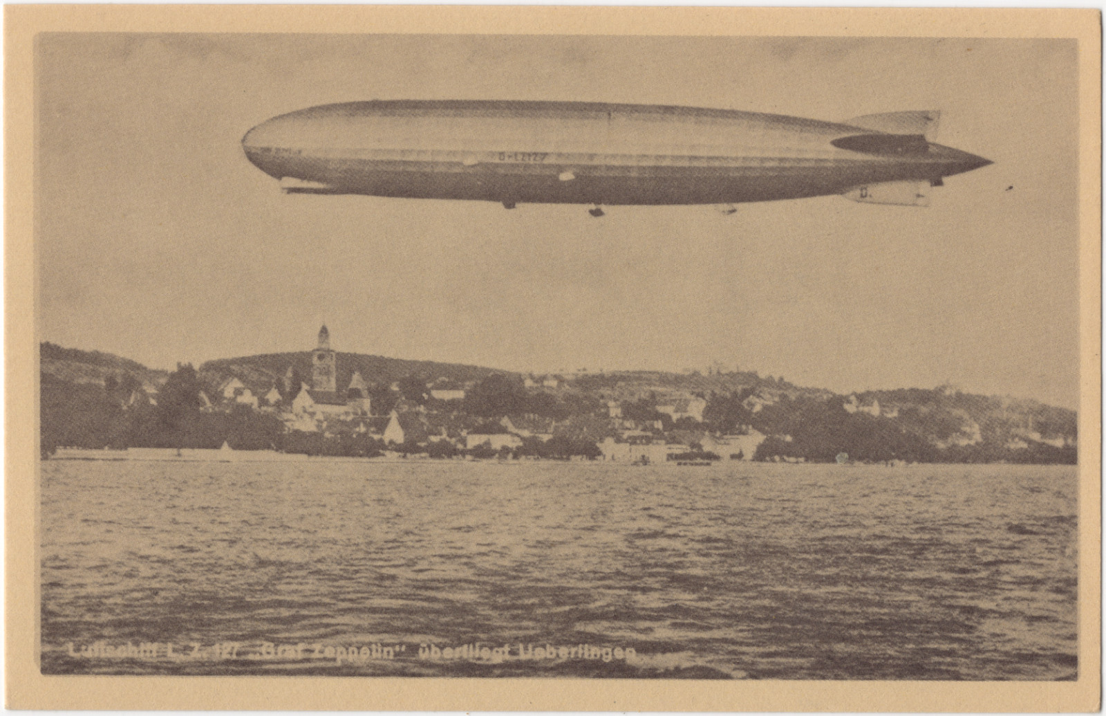Graf Zeppelin LZ 127 Vintage Postcard Airship Over Uberlingen Lake Constance Graf Zeppelin LZ 127 Vintage Postcard Airship Over Uberlingen Lake Constance