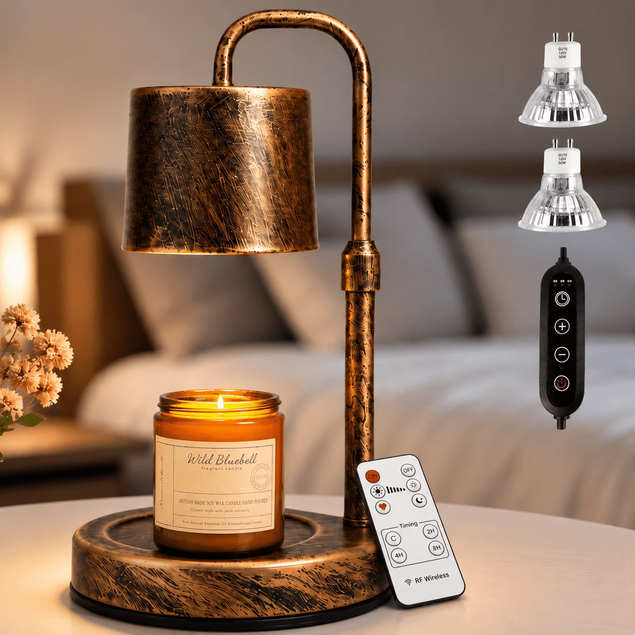 Mehoom Vintage Metal Candle Warmer Lamp with Dimmer, Timer, and 2 Bulbs for