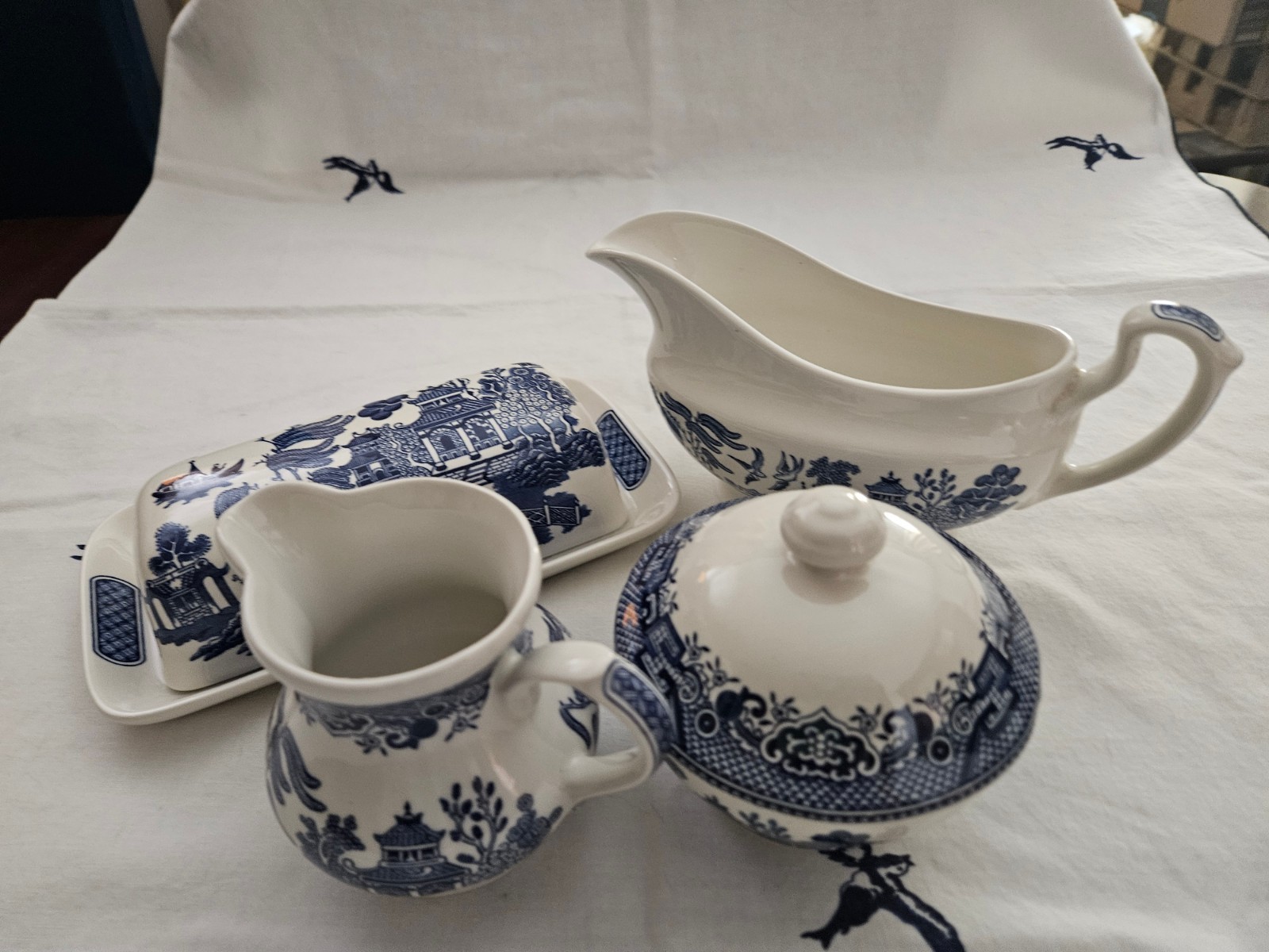 CHURCHILL BLUE WILLOW 6 PC PAGODA CONDIMENT SET 